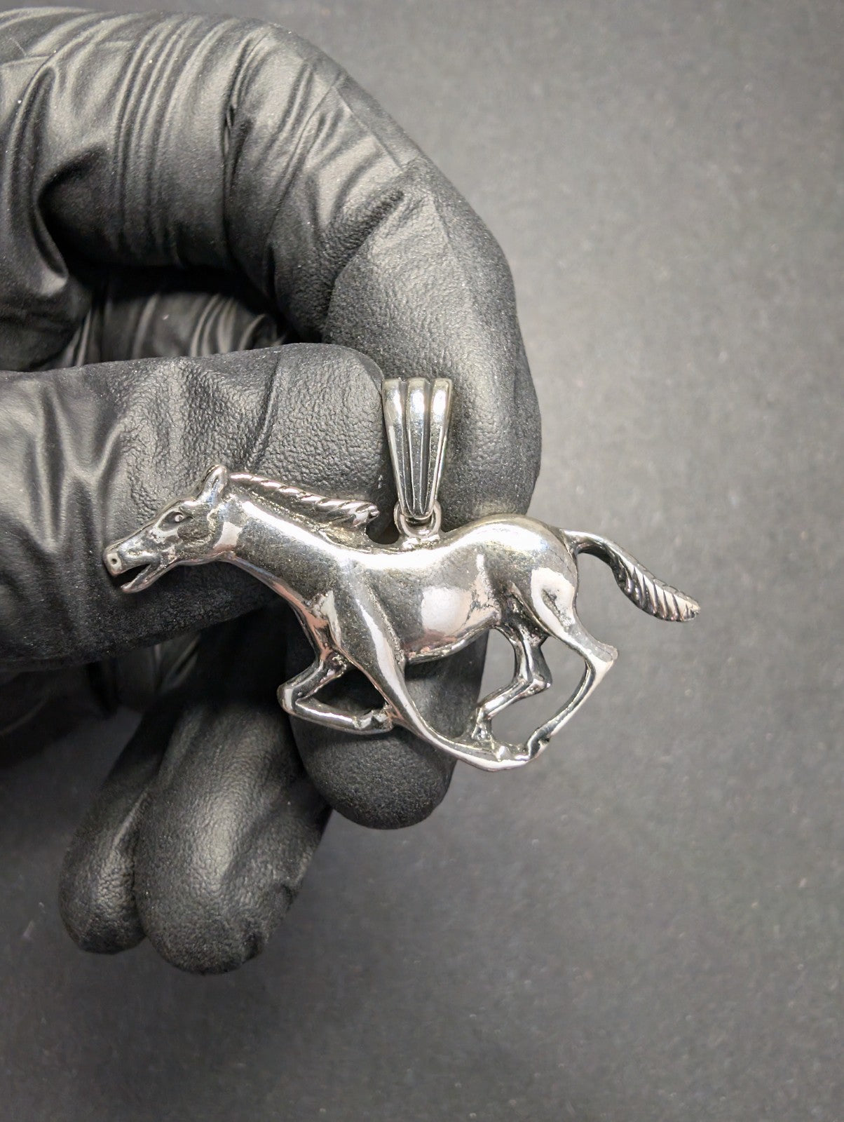 Solid 925 Sterling Silver Oxidized Finish Galloping Mustang / Horse Pendant