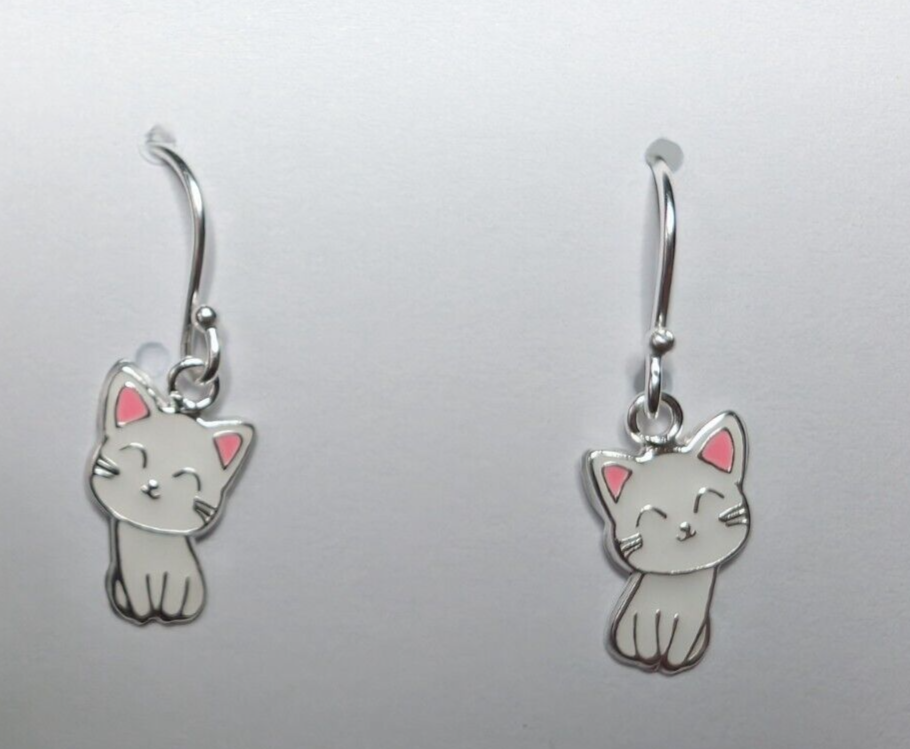 Solid 925 Kawaii Anime Kitty Cat Dangle Earrings