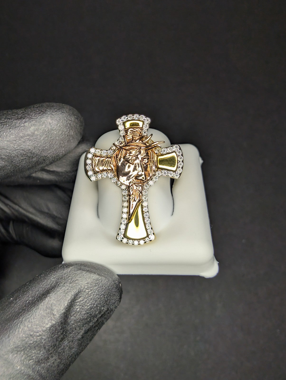 Two-Tone Gold over Solid 925 Silver VVS D Moissanite Jesus Cross Ring Size 11
