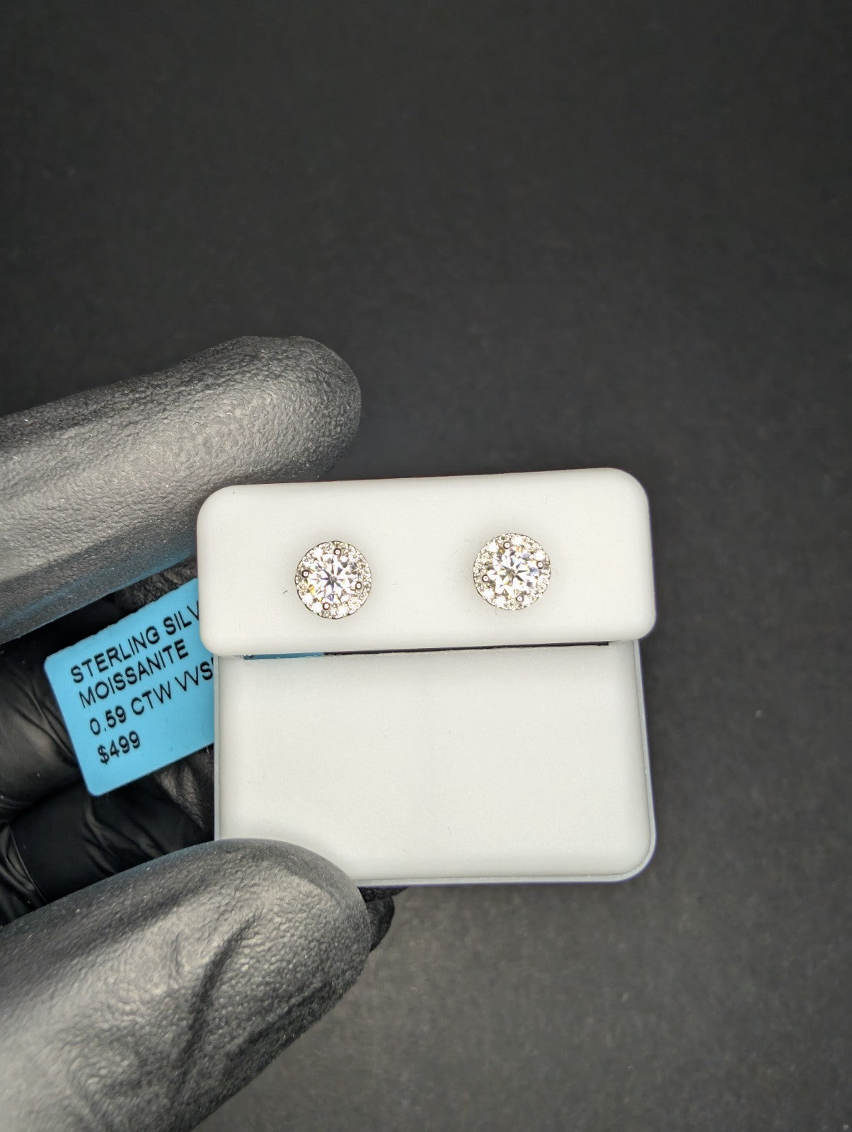 Solid 925 Sterling Silver VVS D Moissanite 6.2mm Halo Stud Earrings .59ctw