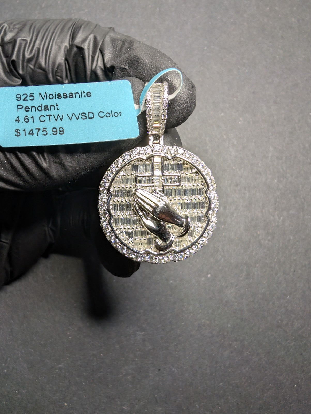Solid 925 Sterling Silver Icy VVS D Moissanite Prayer Hands Medallion Pendant