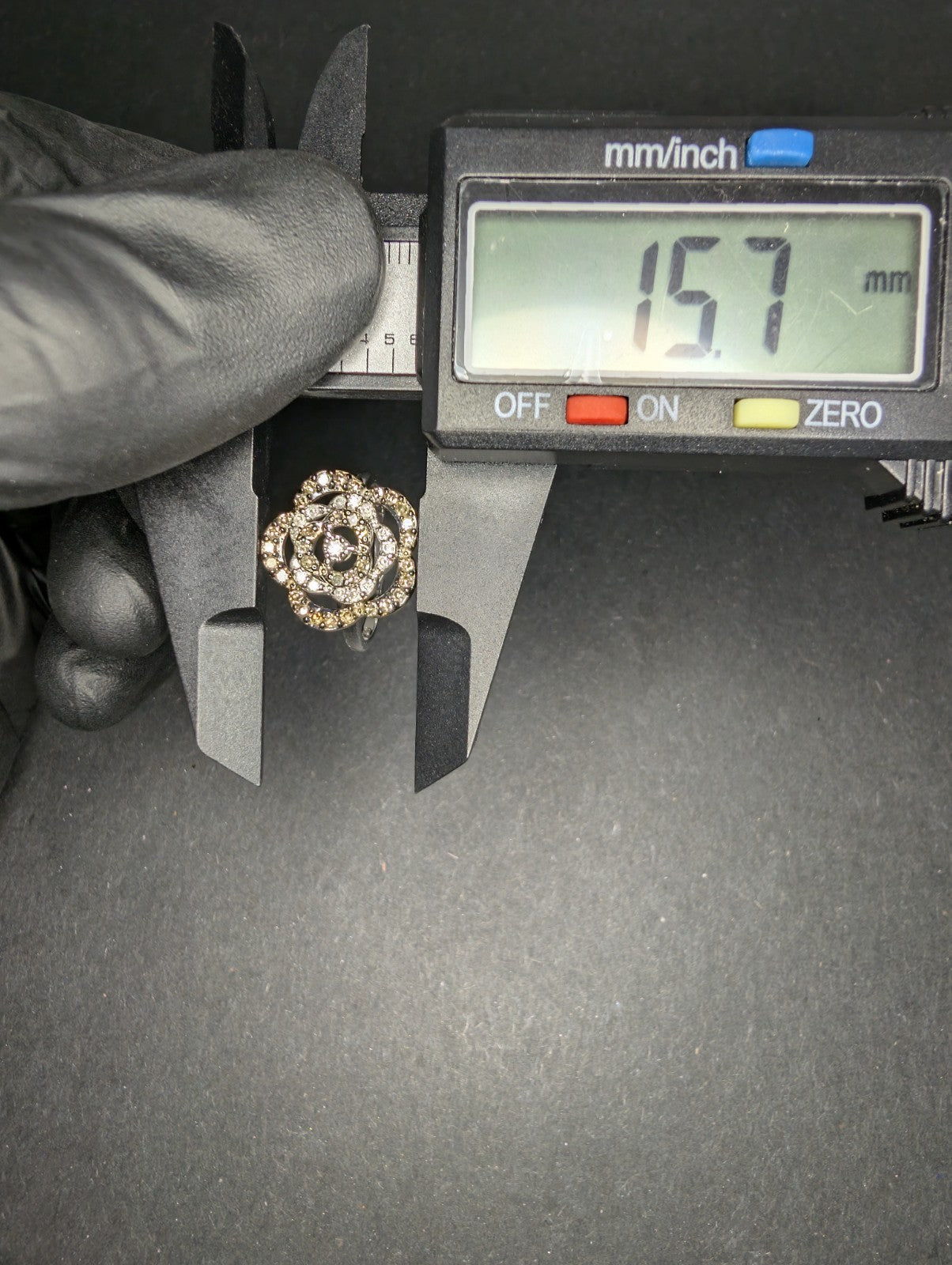 Solid 14k Mexican White Gold White & Champagne Diamond Flower Ring Size 7