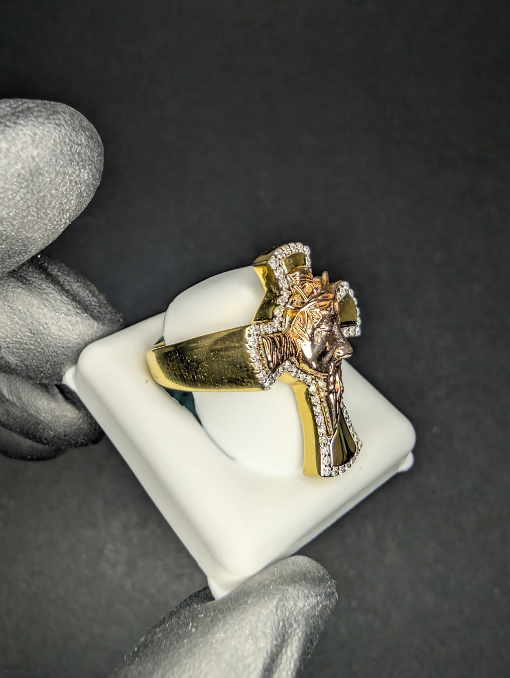 Two-Tone Gold over Solid 925 Silver VVS D Moissanite Jesus Cross Ring Size 11