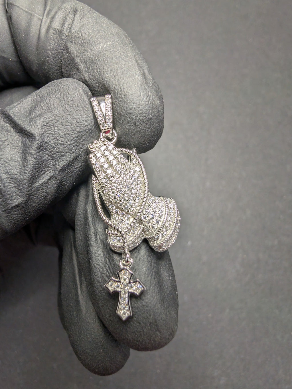 Solid 925 Silver Icy VVS D Moissanite Prayer Hands Pendant with Dangling Cross