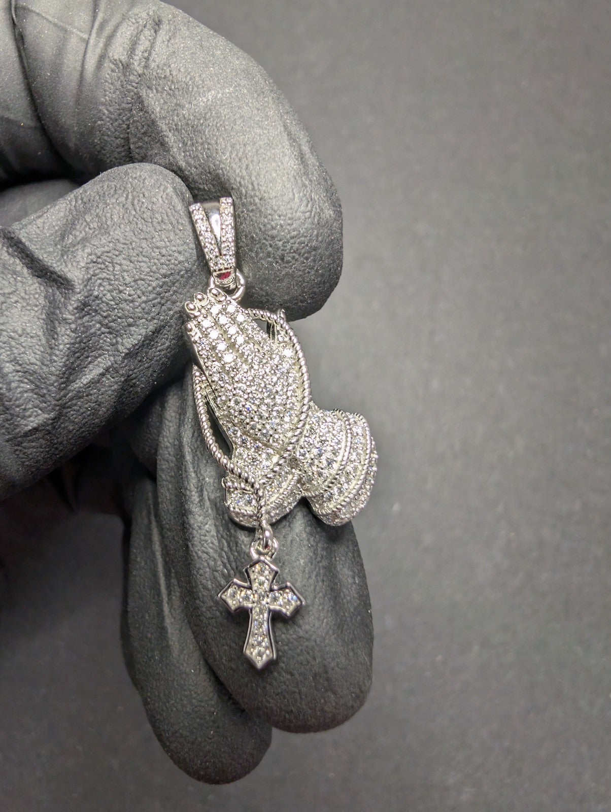 Solid 925 Silver Icy VVS D Moissanite Prayer Hands Pendant with Dangling Cross