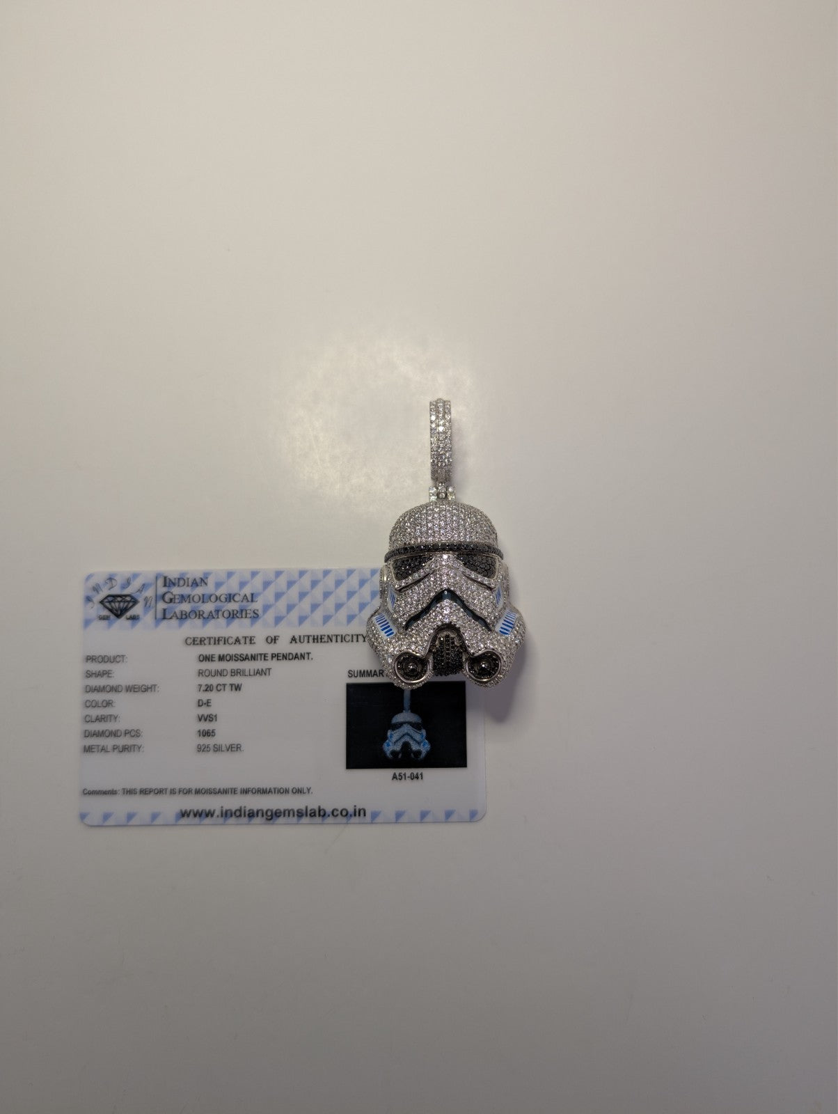 Solid 925 Silver IGL Certified Black and White Moissanite Stormtrooper Pendant