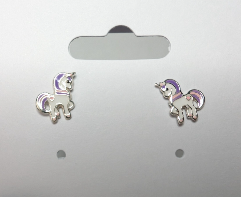 Solid 925 Sterling Silver Purple and Pink Enamel Unicorn / Pony Stud Earrings