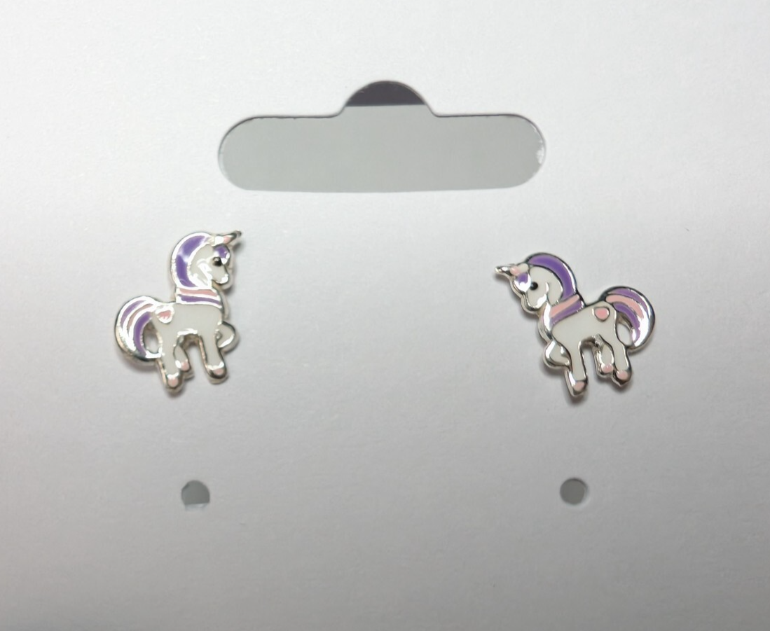 Solid 925 Sterling Silver Purple and Pink Enamel Unicorn / Pony Stud Earrings