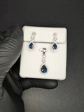 Solid 925 Sterling Silver Blue  Moissanite Pear Dangle Pendant and Earrings Set