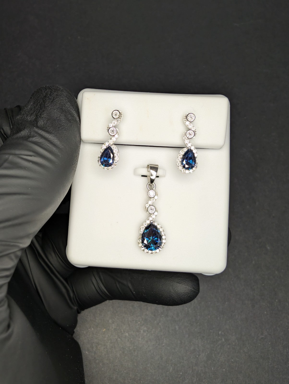 Solid 925 Sterling Silver Blue  Moissanite Pear Dangle Pendant and Earrings Set
