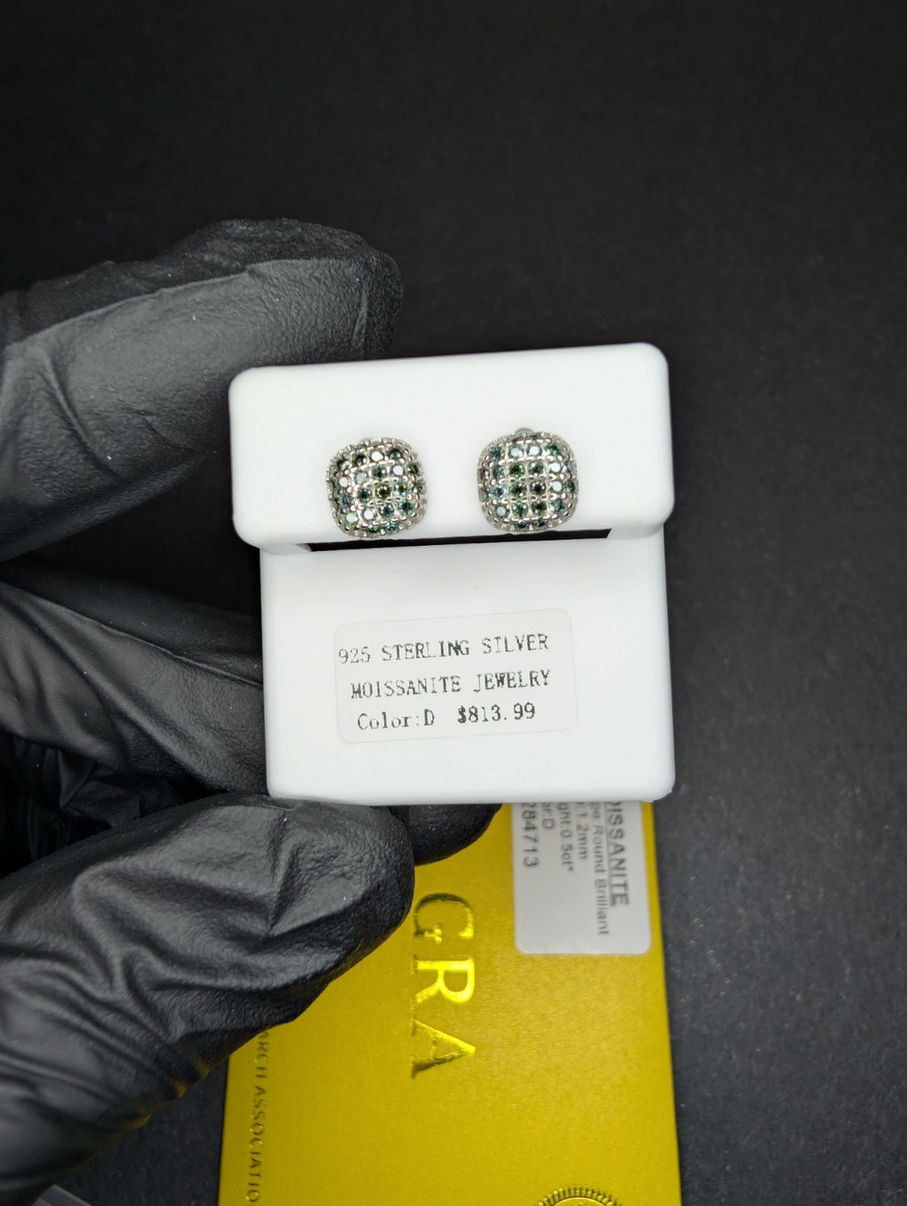 Solid 925 Silver GRA Certified Green Moissanite 7.5mm Square Cluster Studs