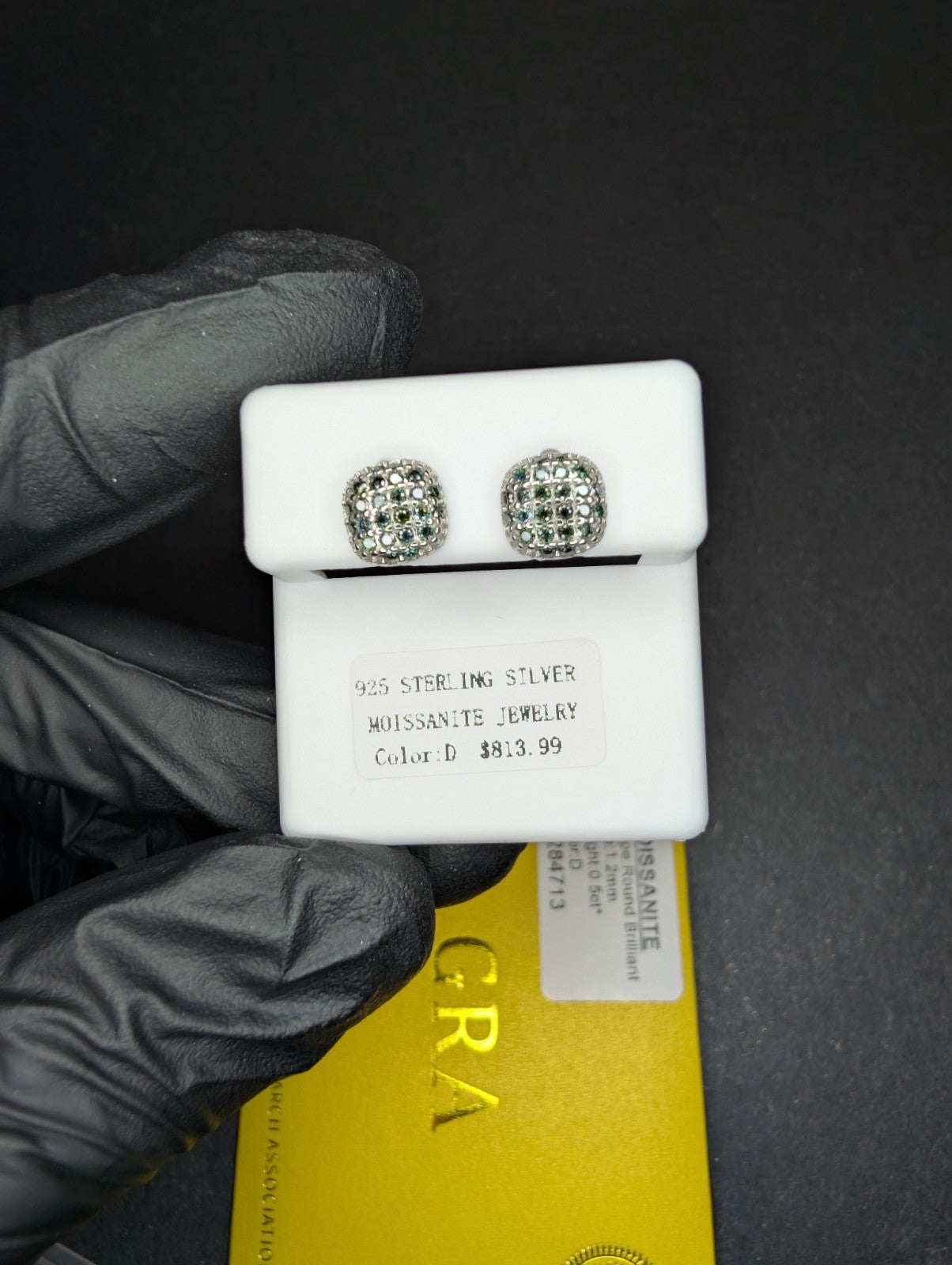 Solid 925 Silver GRA Certified Green Moissanite 7.5mm Square Cluster Studs