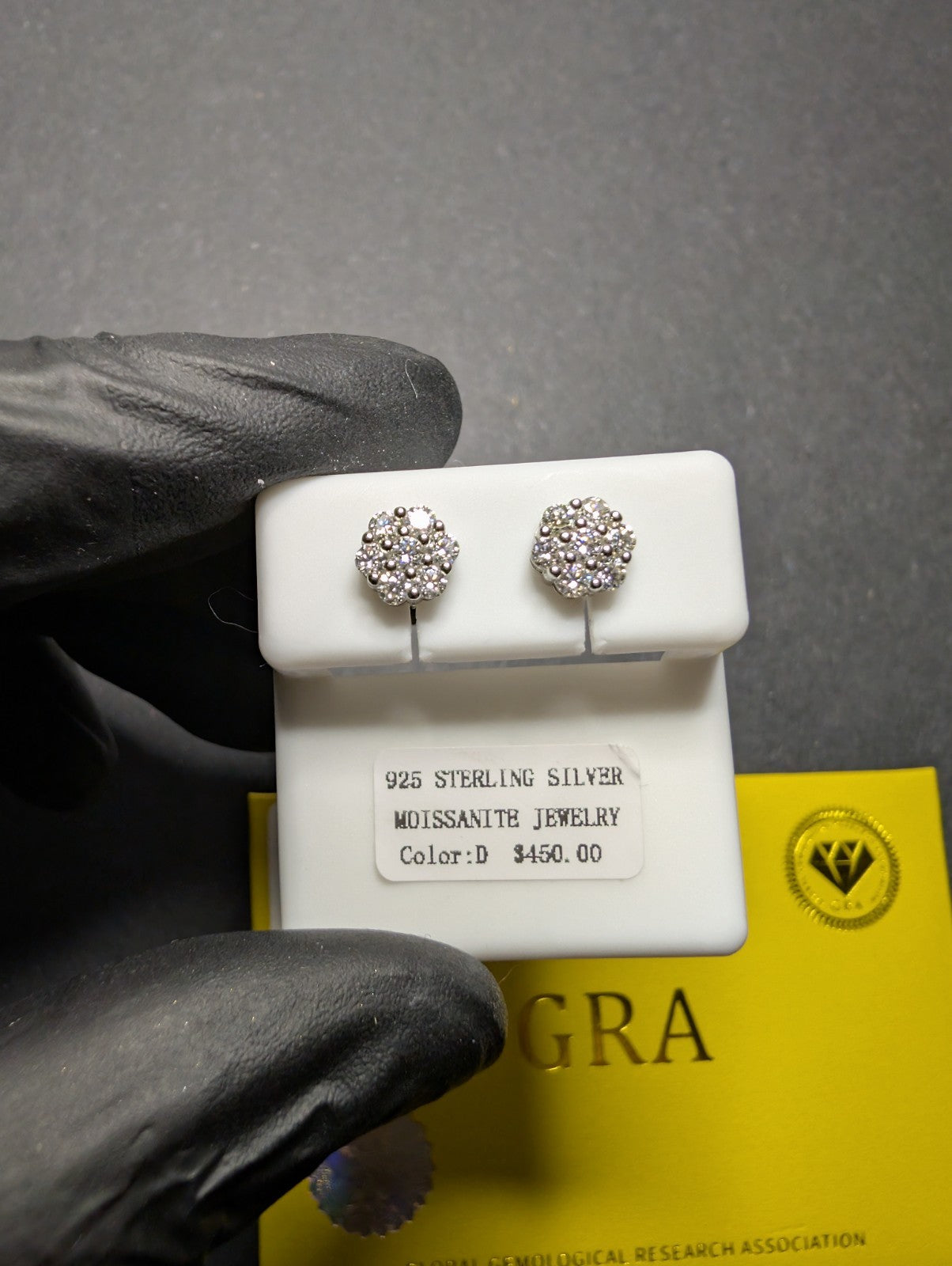 Solid 925 Sterling Silver GRA Certified Moissanite 6.5mm Honeycomb Cluster Studs