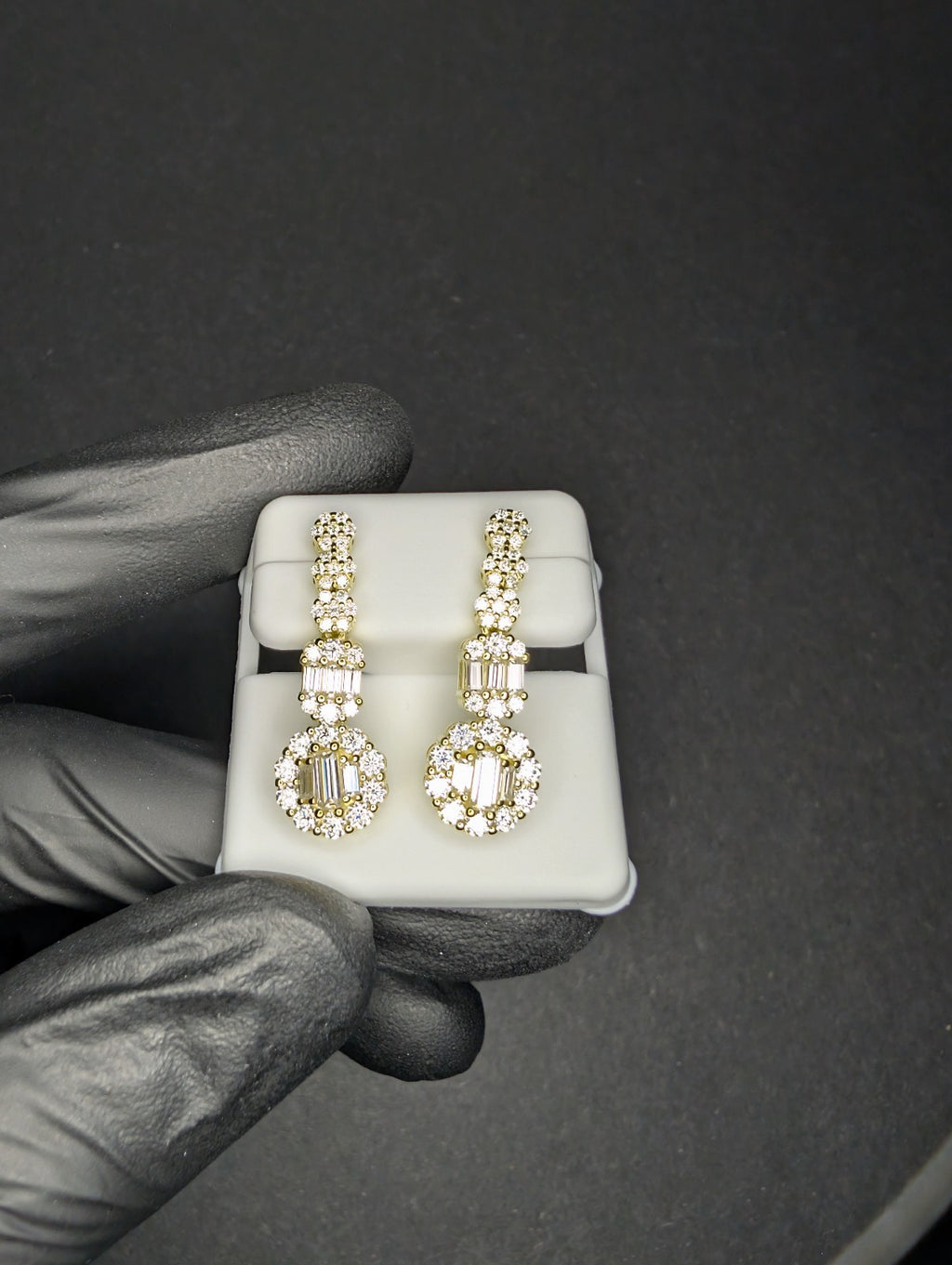 Gold over Solid 925 Silver Baguette and Round Moissanite Dangle Earrings
