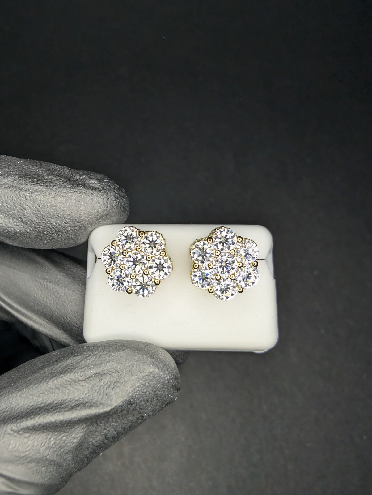 Gold Over Solid 925 Silver VVS D Moissanite 11.6mm 3D Honeycomb Cluster Studs