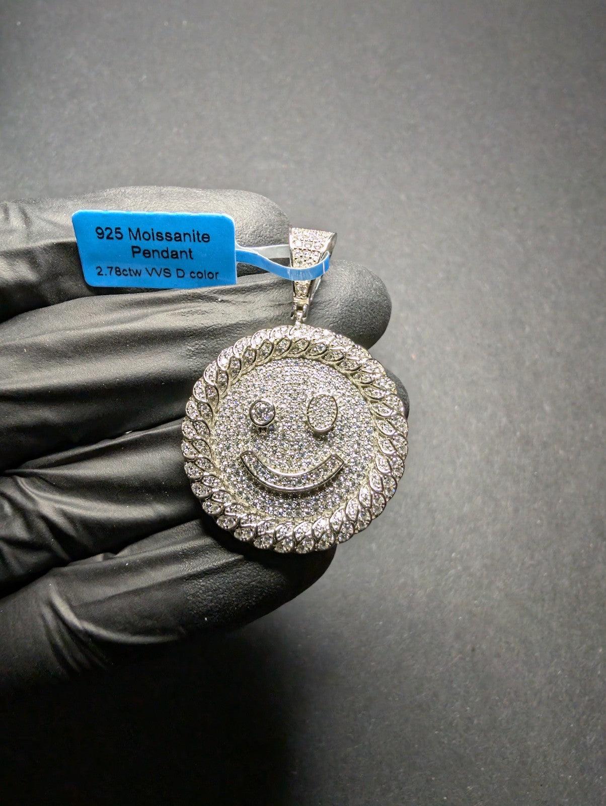 Solid 925 Sterling Silver VVS D Moissanite Trippy Smiley Face Medallion Pendant