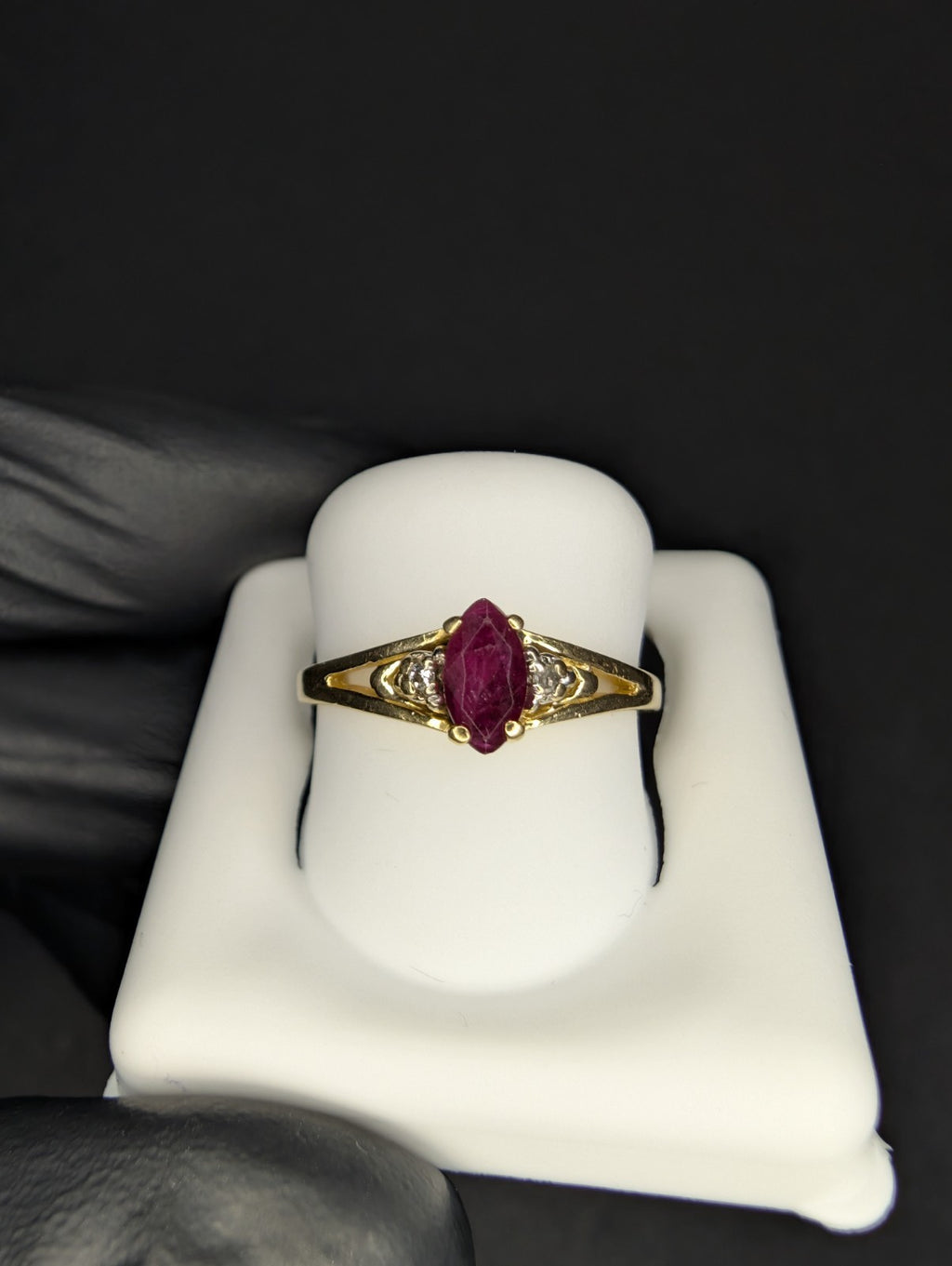 Vintage Solid 14k Yellow Gold Marquis Cut Ruby and Diamond Ring Size 5.75