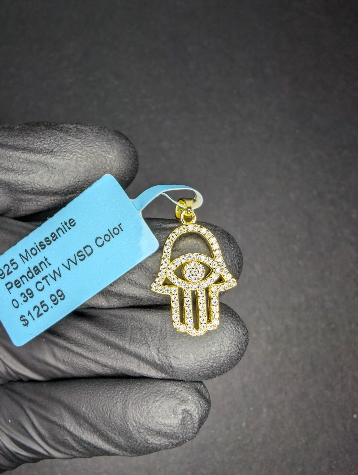 Gold over Solid 925 Sterling Silver Iced Out VVS D Moissanite Hamsa Eye Pendant