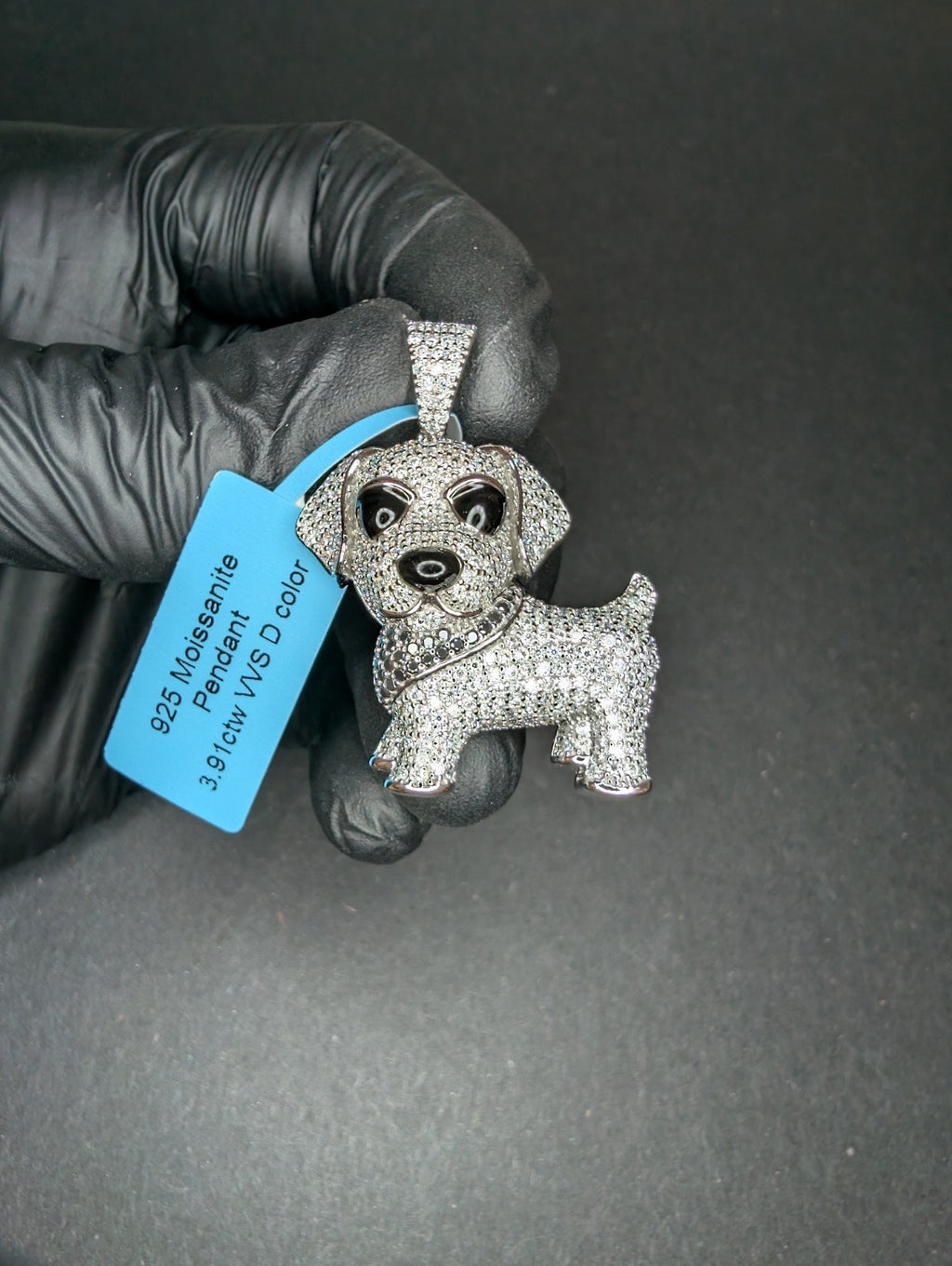 Solid 925 Sterling Silver Iced Out VVS D Black and White Moissanite Dog Pendant