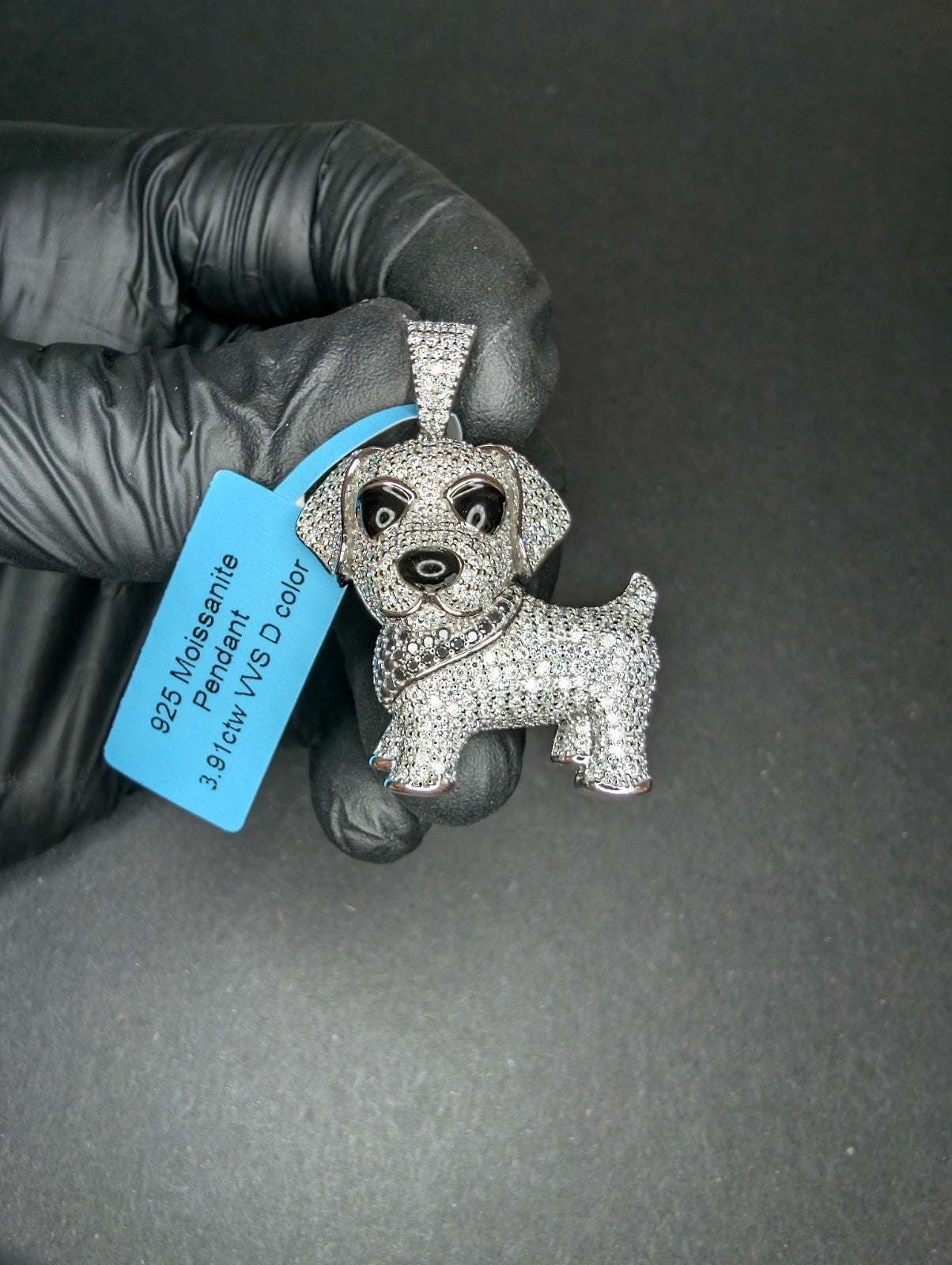 Solid 925 Sterling Silver Iced Out VVS D Black and White Moissanite Dog Pendant