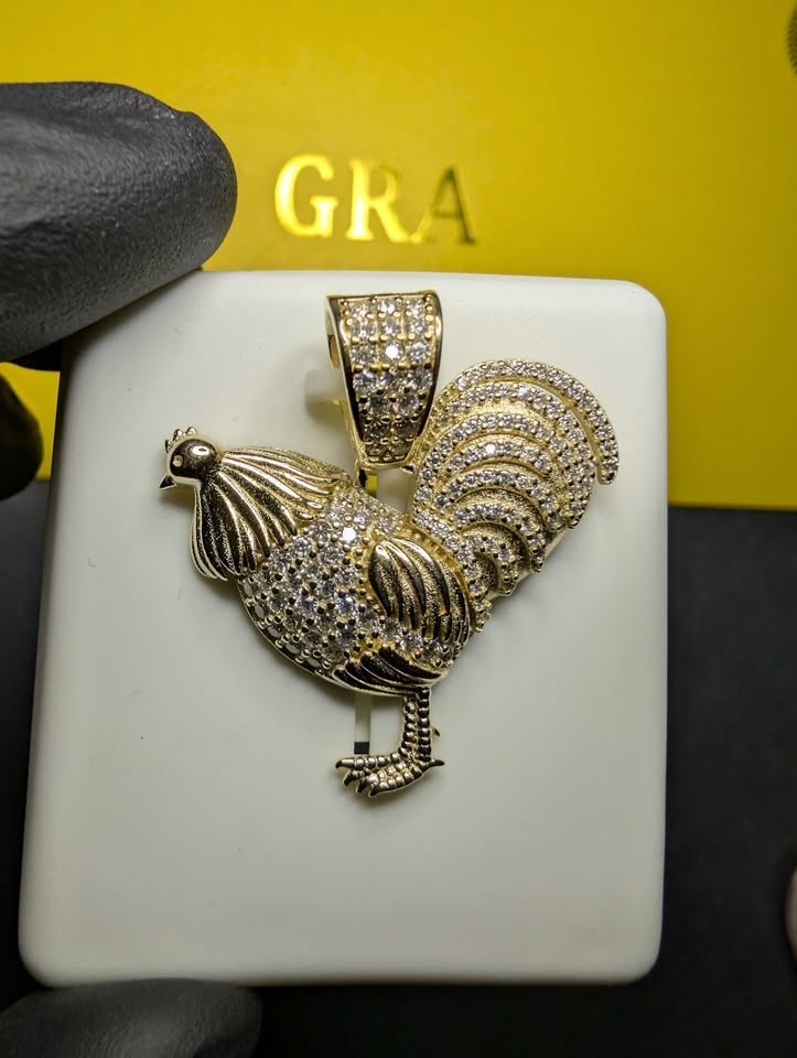 Gold over Solid 925 Sterling Silver GRA Certified Moissanite Rooster Pendant