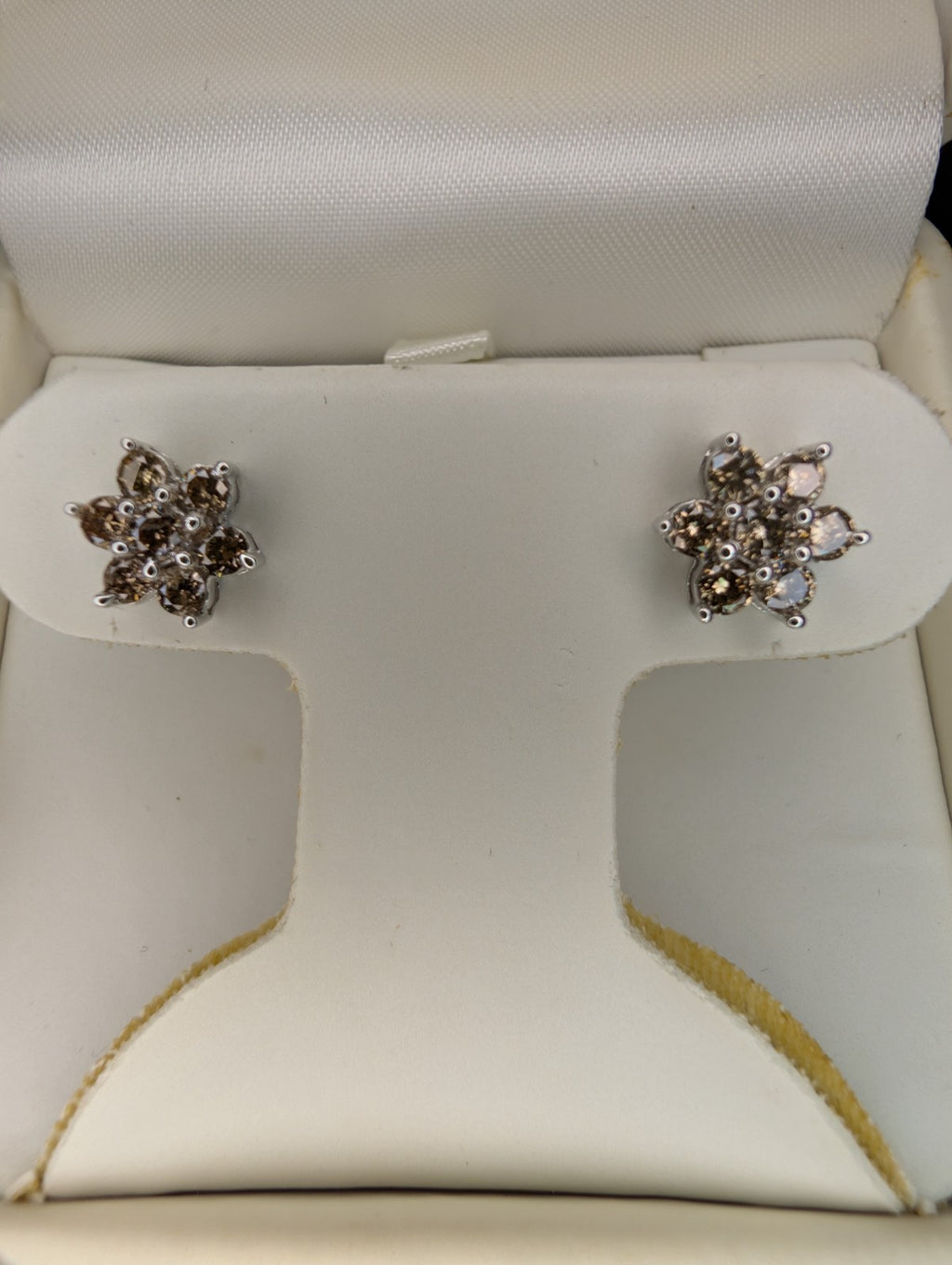 Solid 14K White Gold 8.5mm Natural Cognac Diamond Flower Cluster Studs .94ctw