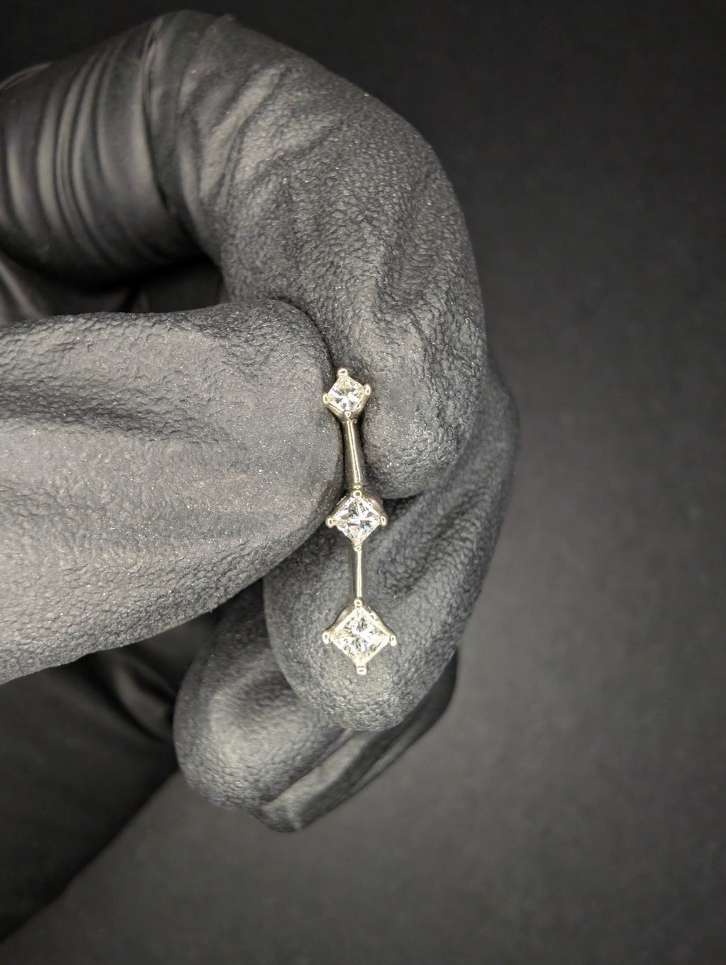 Solid 14K White Gold 3 Stone Princess Cut Natural Diamond Drop Style Pendant