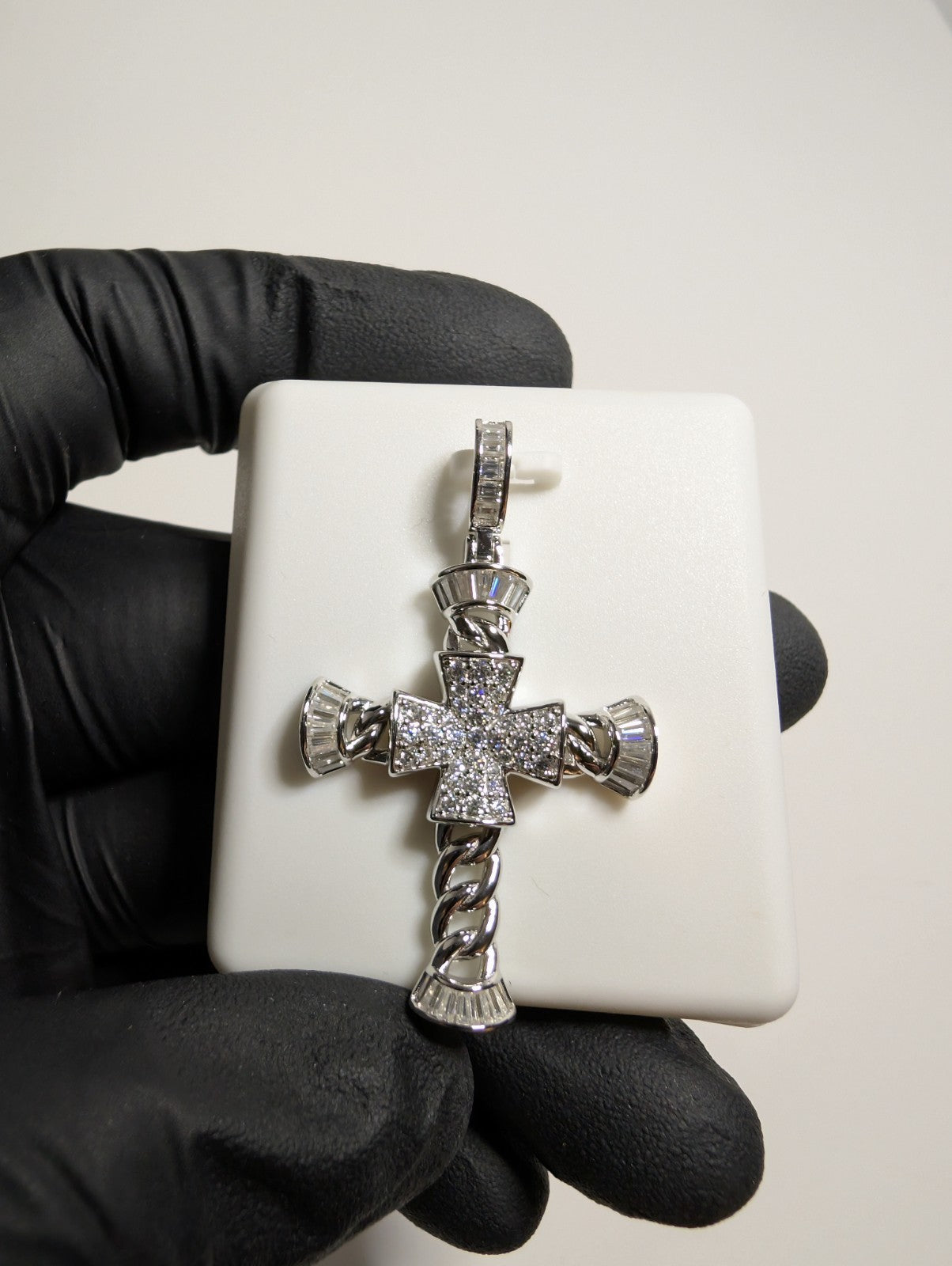 Solid 925 Silver Iced Out VVS D Color Moissanite Miami Cuban Cross Pendant