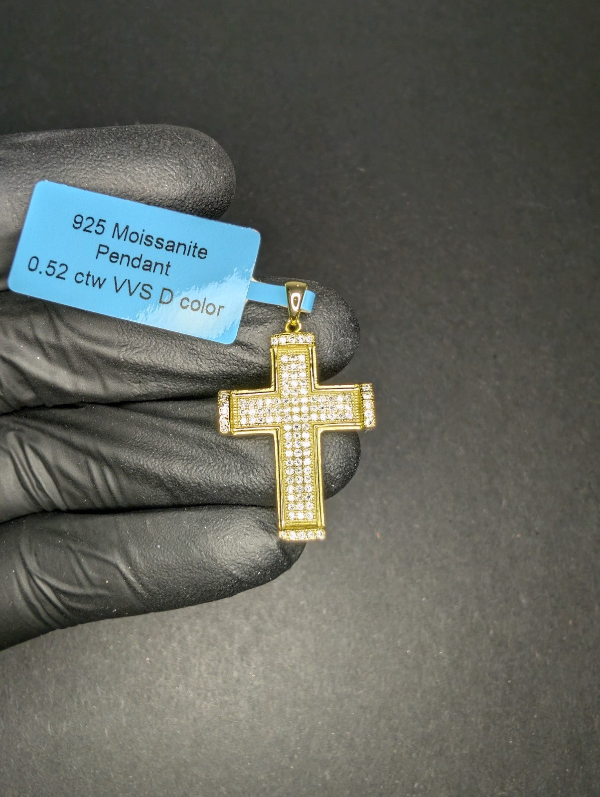 Gold over Solid 925 Sterling Silver VVS D Moissanite Pave Cross Pendant