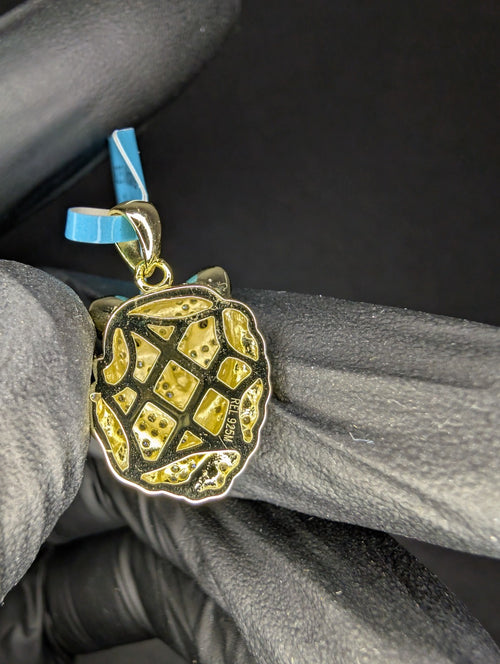 Gold over Solid 925 Silver Black and White Moissanite Cheetah Pendant w/ Enamel