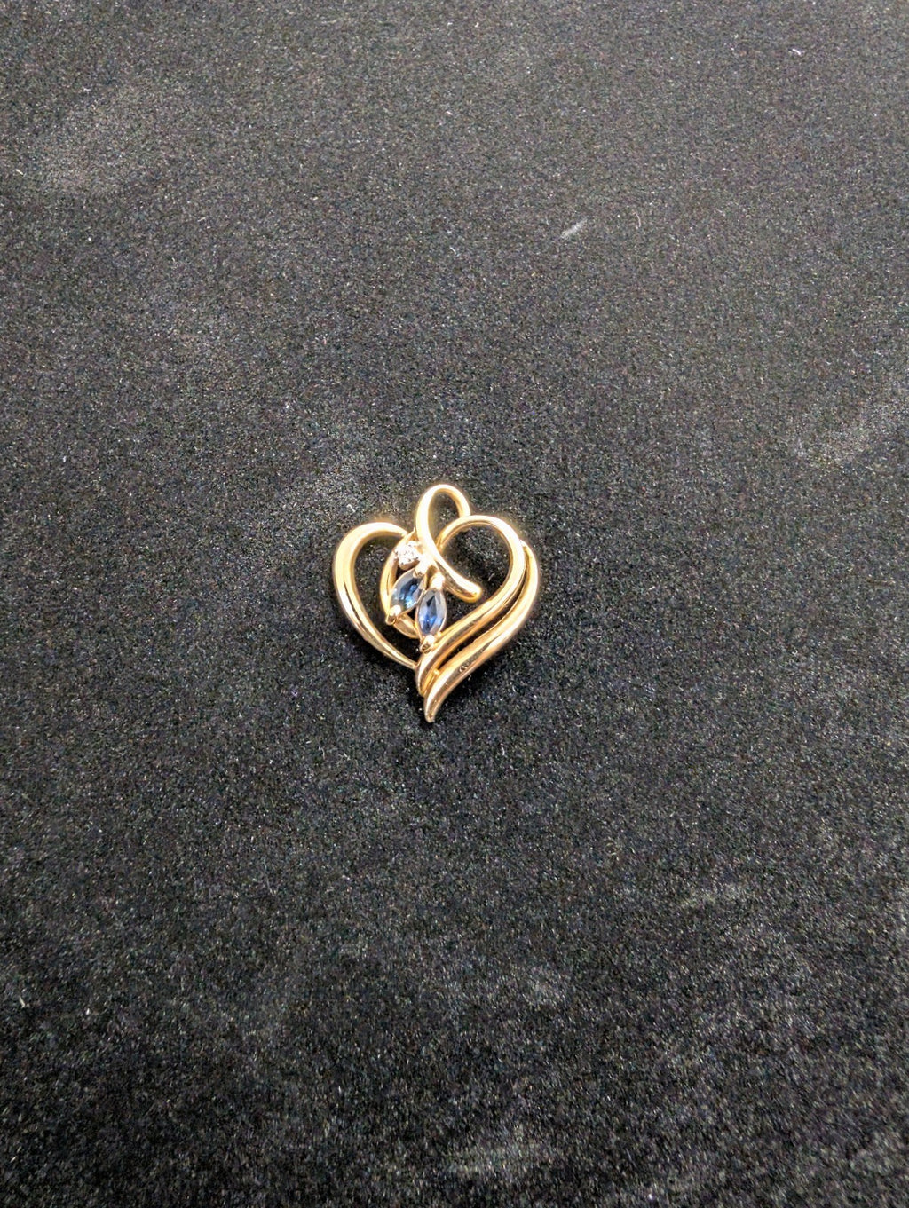 Vintage Solid 14k Yellow Gold Heart Pendant with Natural Diamond and Sapphires