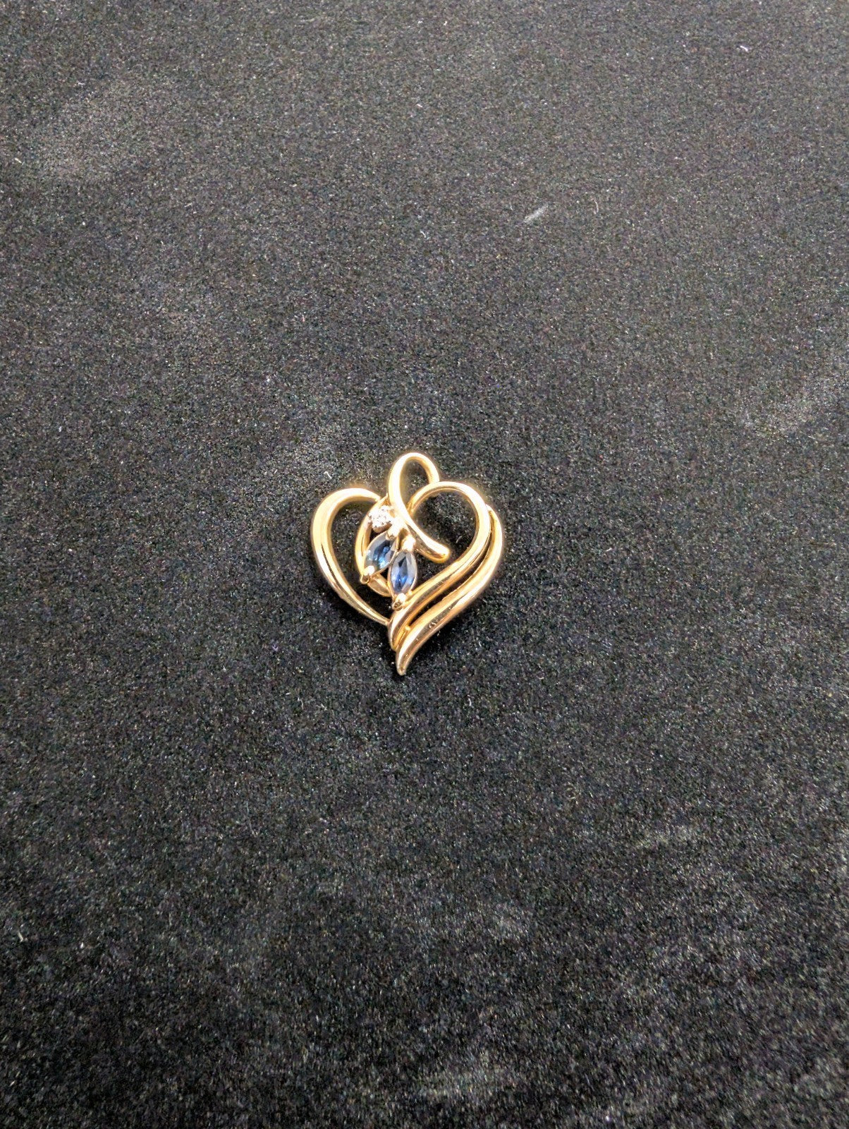 Vintage Solid 14k Yellow Gold Heart Pendant with Natural Diamond and Sapphires