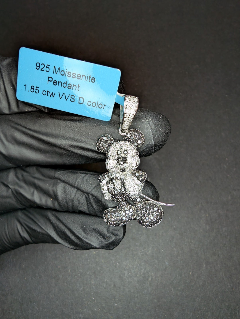 Solid 925 Sterling Silver Iced Out VVS D Moissanite Mickey Mouse Pendant
