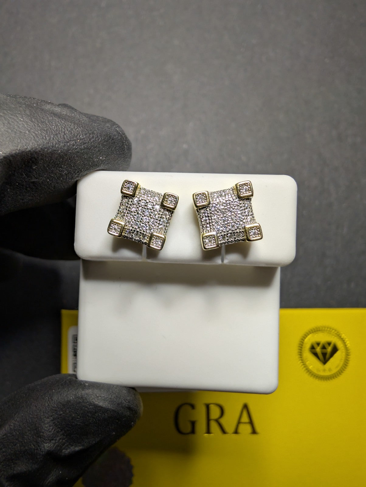 Gold over Solid 925 Silver GRA Certified Moissanite Square Castle Cluster Studs