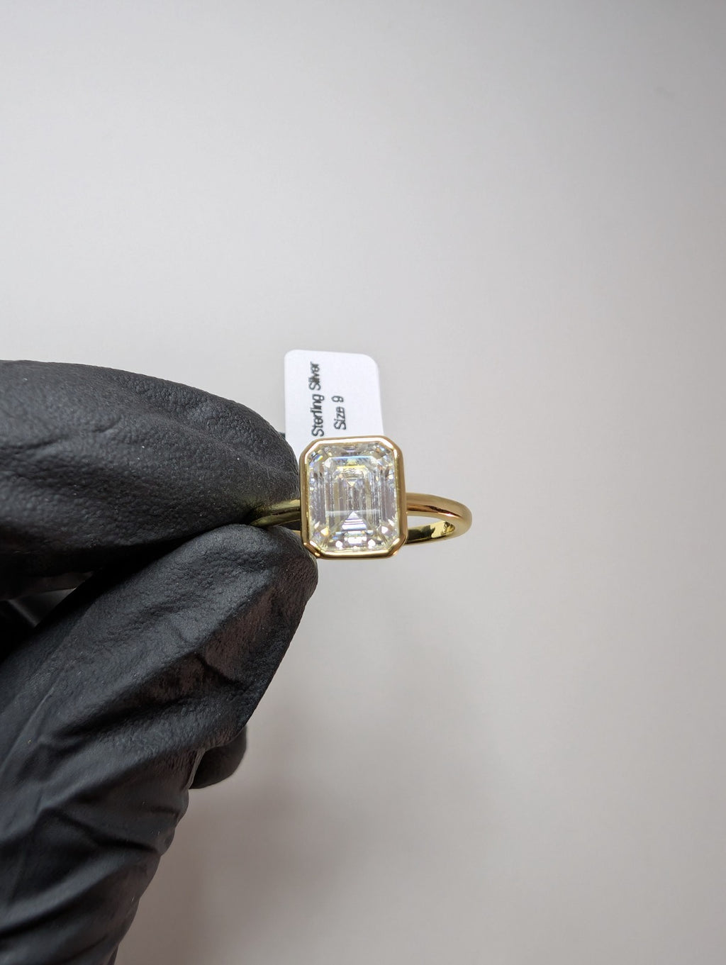 Gold over Solid 925 Sterling Silver Emerald Cut Moissanite Ring Size 9