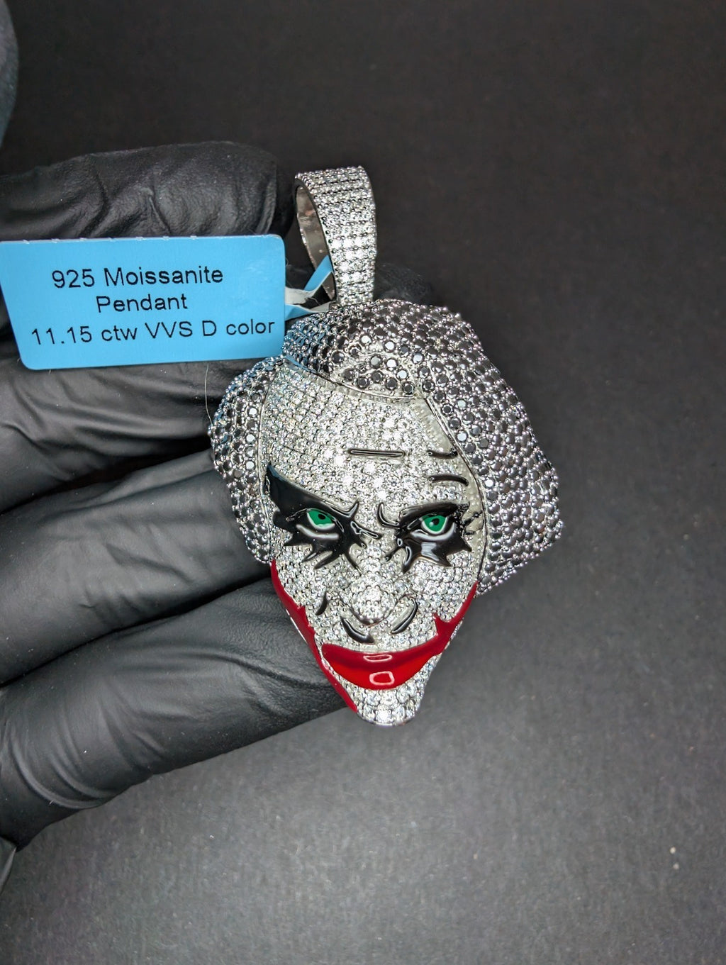 Solid 925 Sterling Silver Icy Black and White Moissanite Joker Enamel Pendant