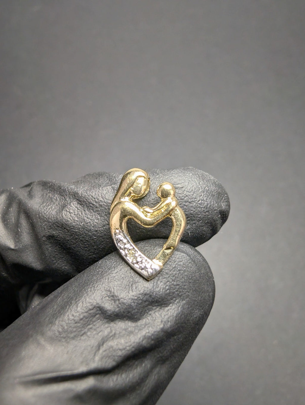 Vintage Solid 10k Yellow Gold Heart Shaped Mother Child Diamond Pendant