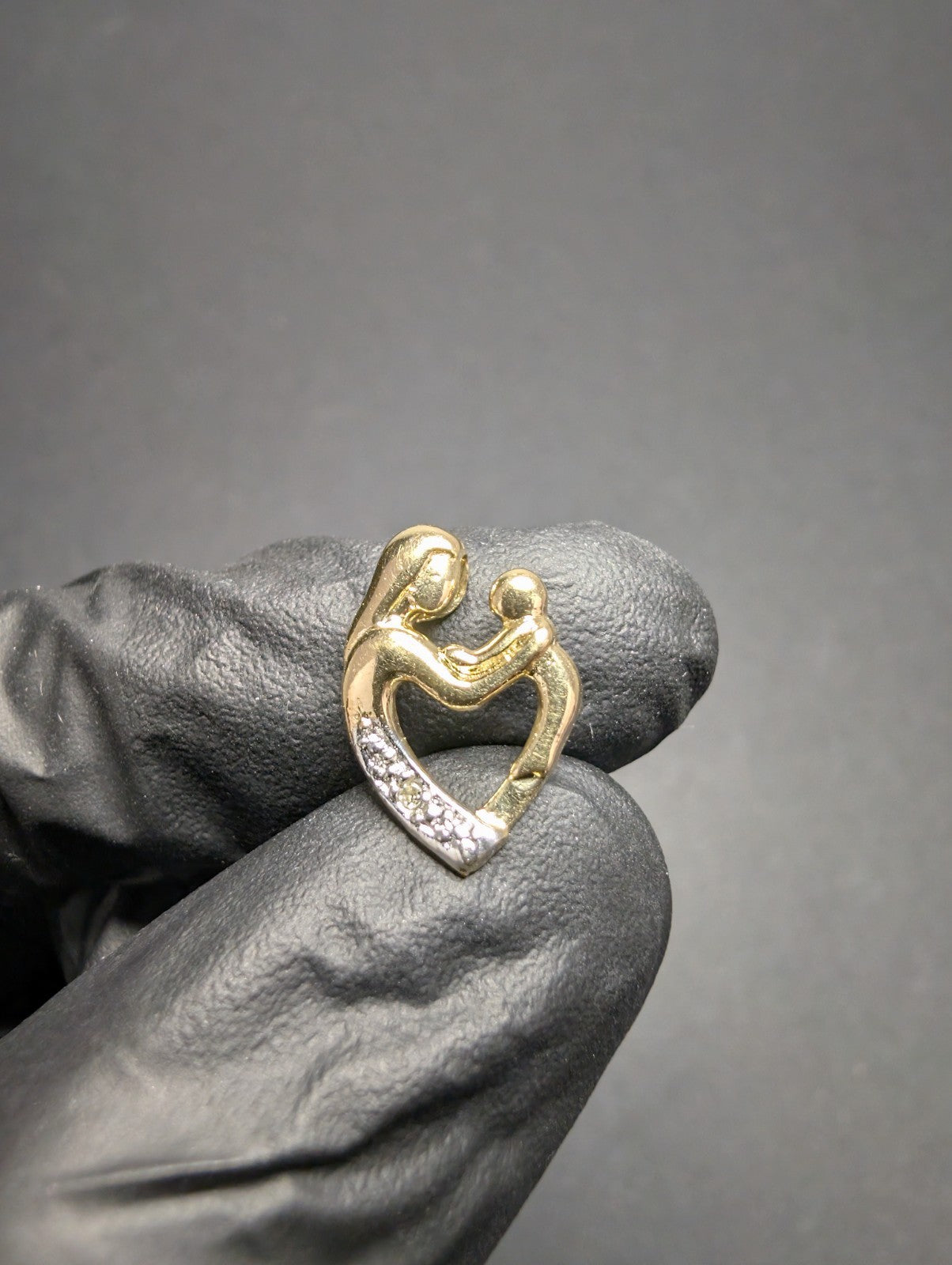 Vintage Solid 10k Yellow Gold Heart Shaped Mother Child Diamond Pendant