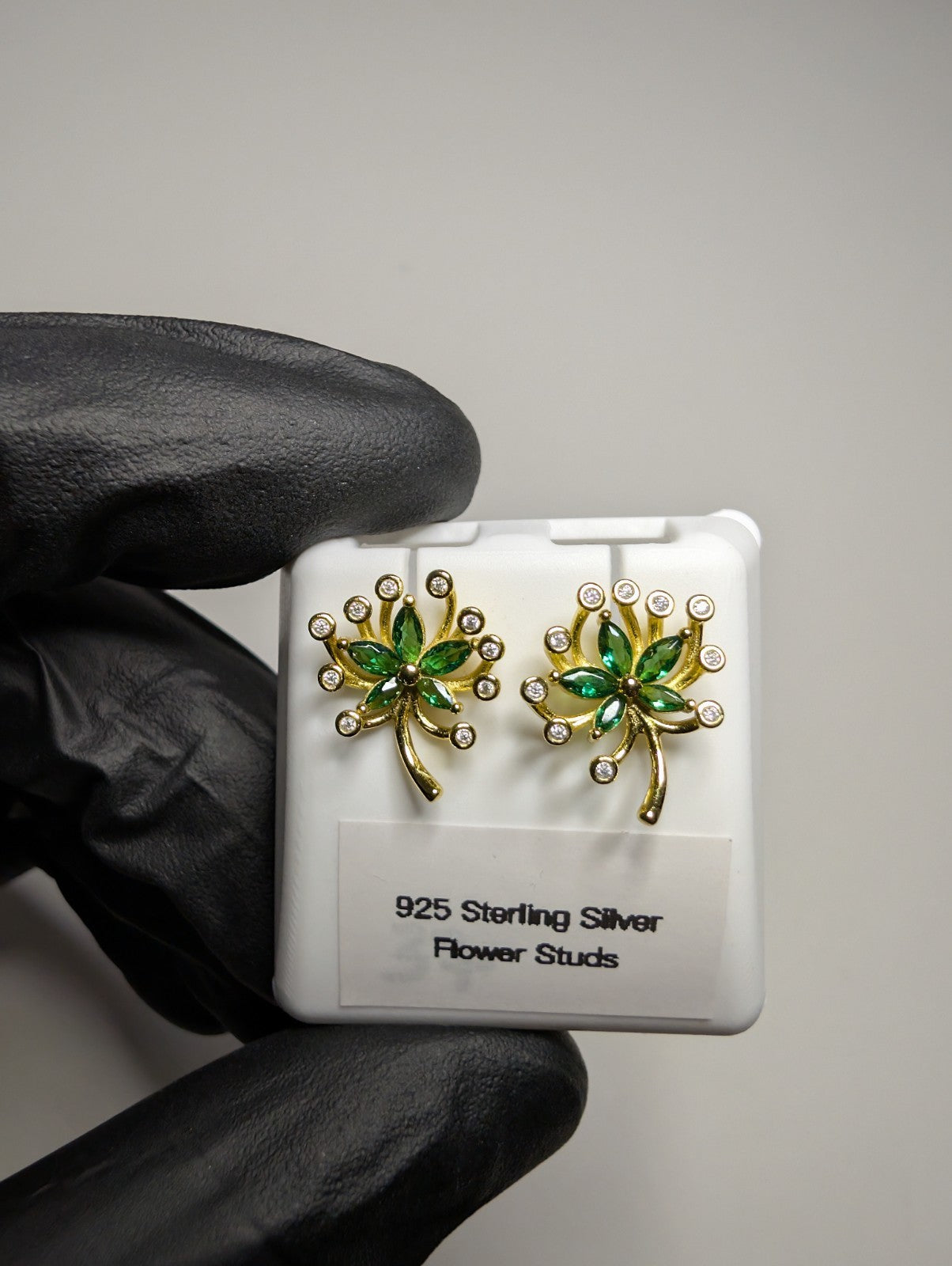 Gold over Solid 925 Sterling Silver Green Star Flower Stud Earrings