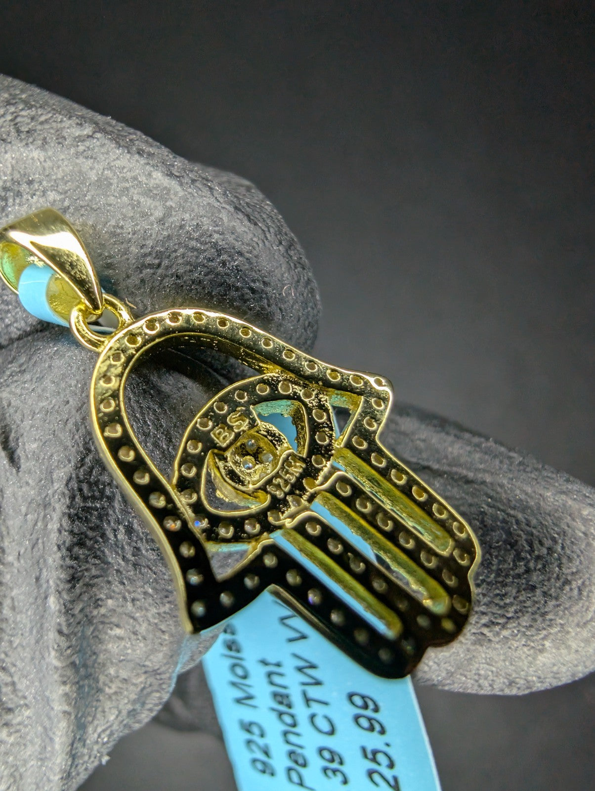 Gold over Solid 925 Sterling Silver Iced Out VVS D Moissanite Hamsa Eye Pendant