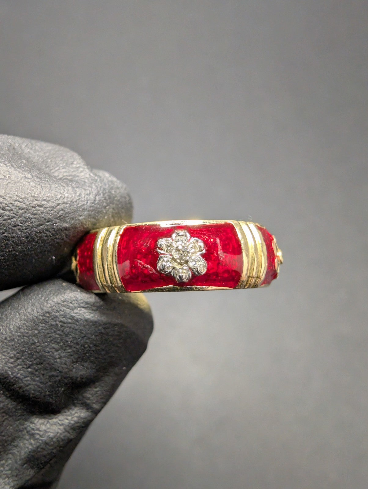 Vintage Solid 14k Gold Red Enamel Band Ring Size 5 with Diamond  Flower Accent