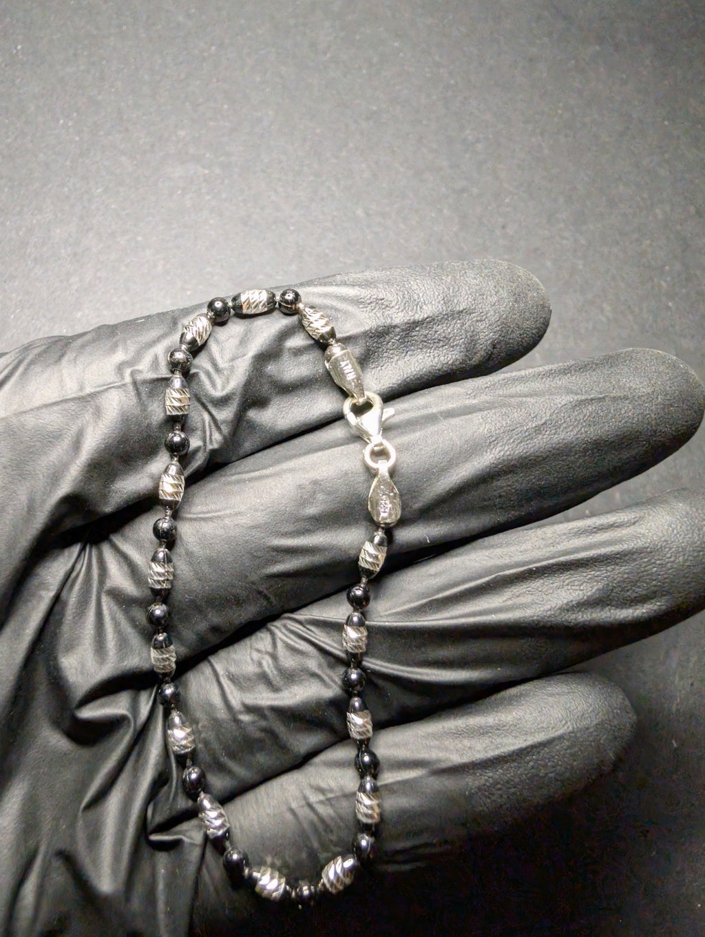 Black Rhodium over Solid 925 Silver Diamond-cut 7" Bead and Barrel Bracelet