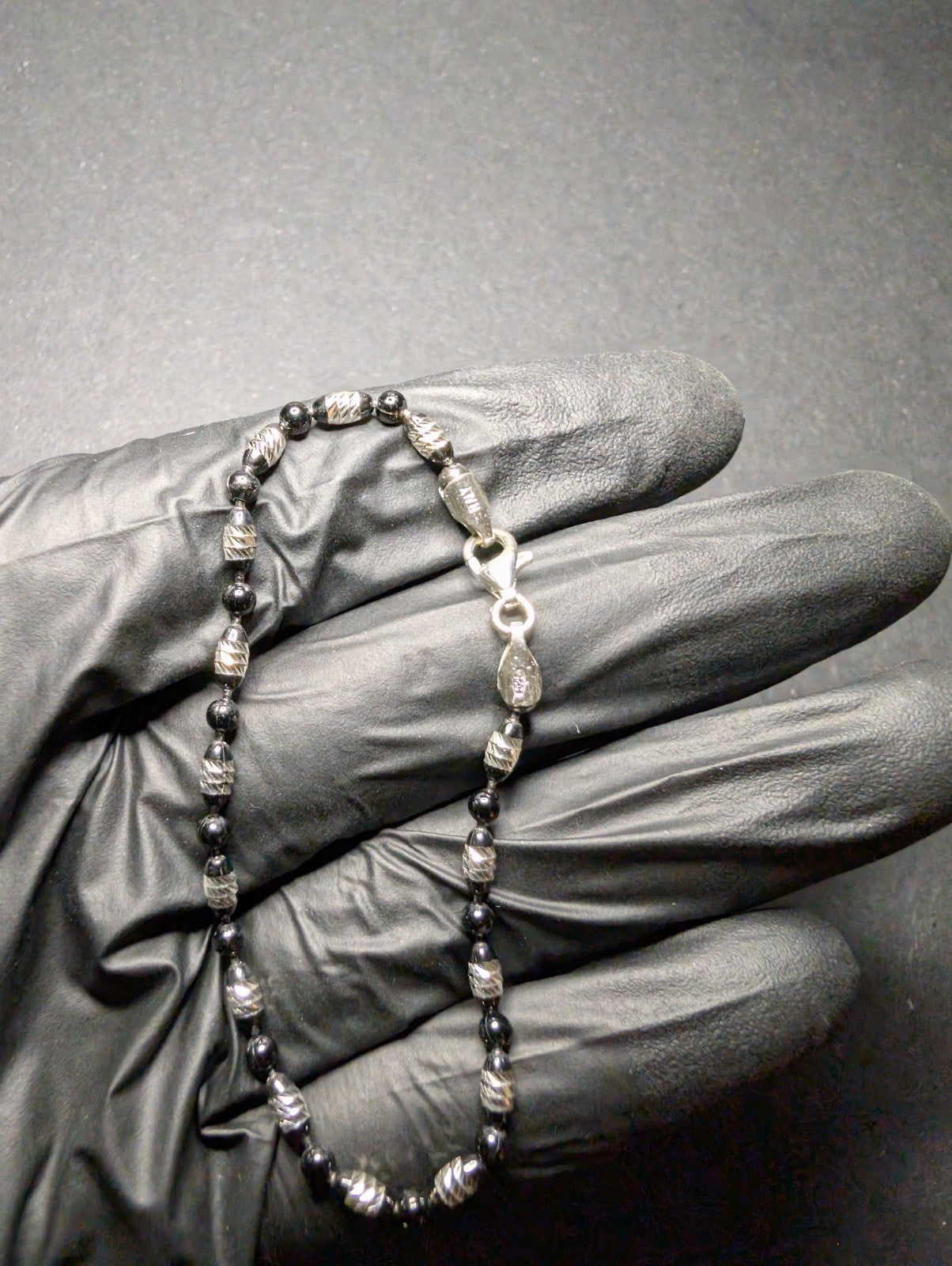 Black Rhodium over Solid 925 Silver Diamond-cut 7" Bead and Barrel Bracelet