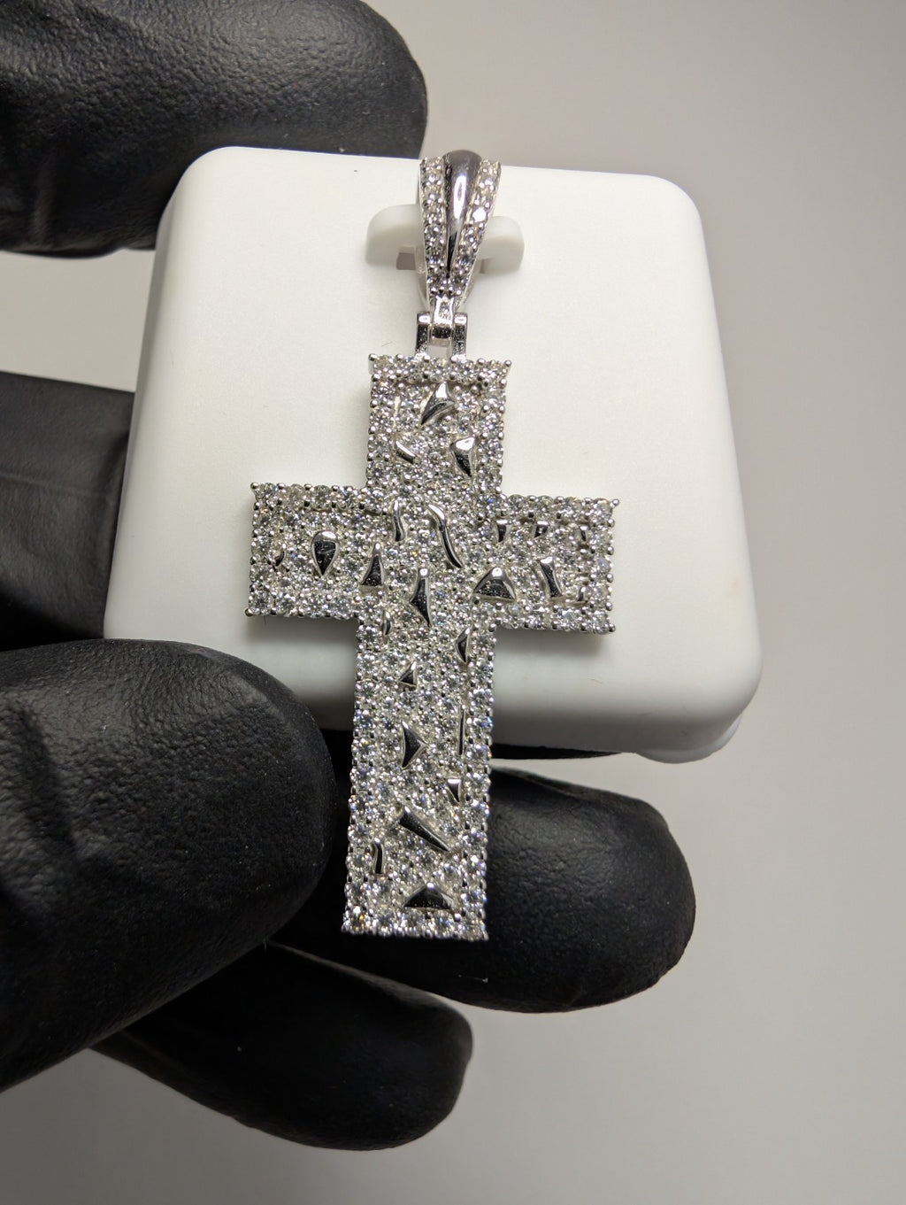 Solid 925 Silver Iced Out VVS D Color Moissanite Nugget Cross Pendant
