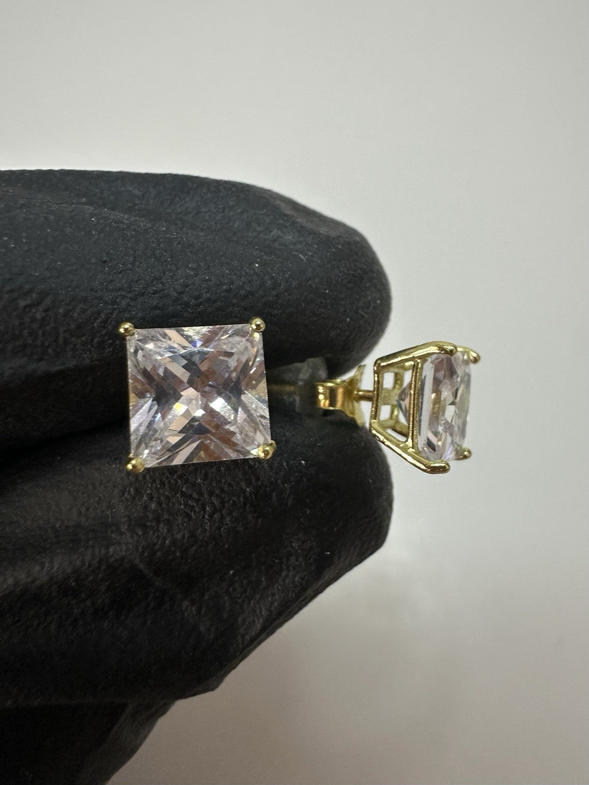 Gold over Solid 925 Sterling Silver 7.5mm Princess Cut CZ Stone Stud Earrings