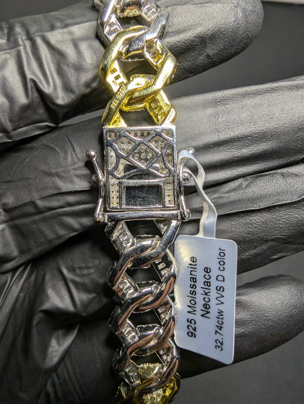 Two Tone Gold over 925 Silver 22" 14mm VVS D Moissanite Monaco Cuban Necklace