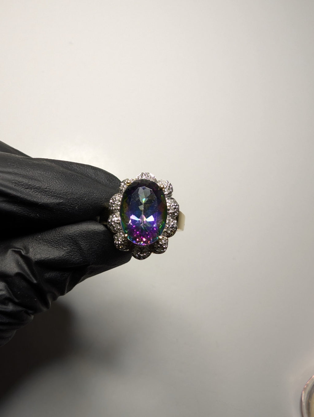 Solid 14k Yellow Gold 5ct Mystic Topaz with 3D Diamond Halo Ring Size 8.5