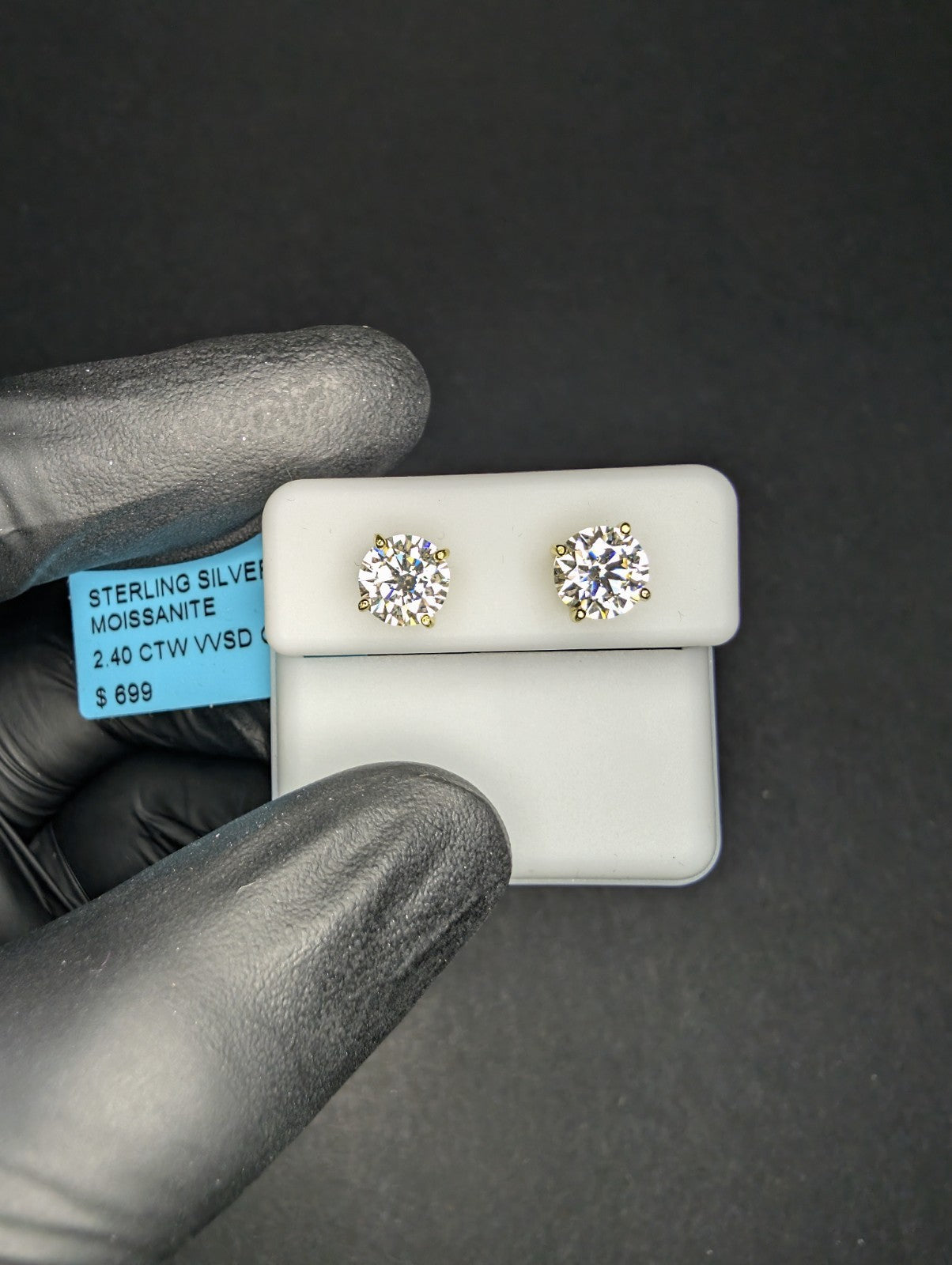 Gold over Solid 925 Silver VVS D 7mm Moissanite Round Cut Solitaire Studs
