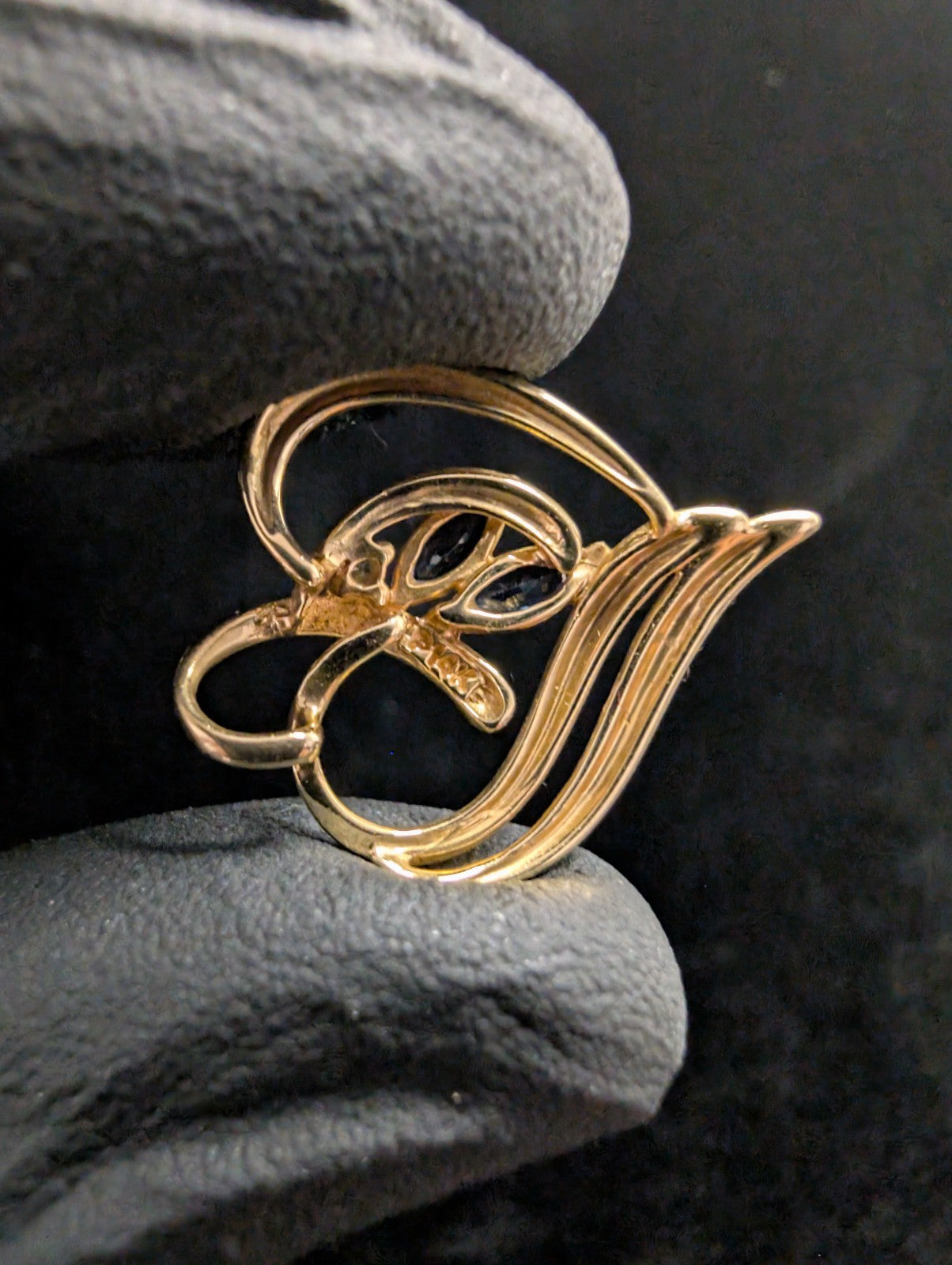 Vintage Solid 14k Yellow Gold Heart Pendant with Natural Diamond and Sapphires