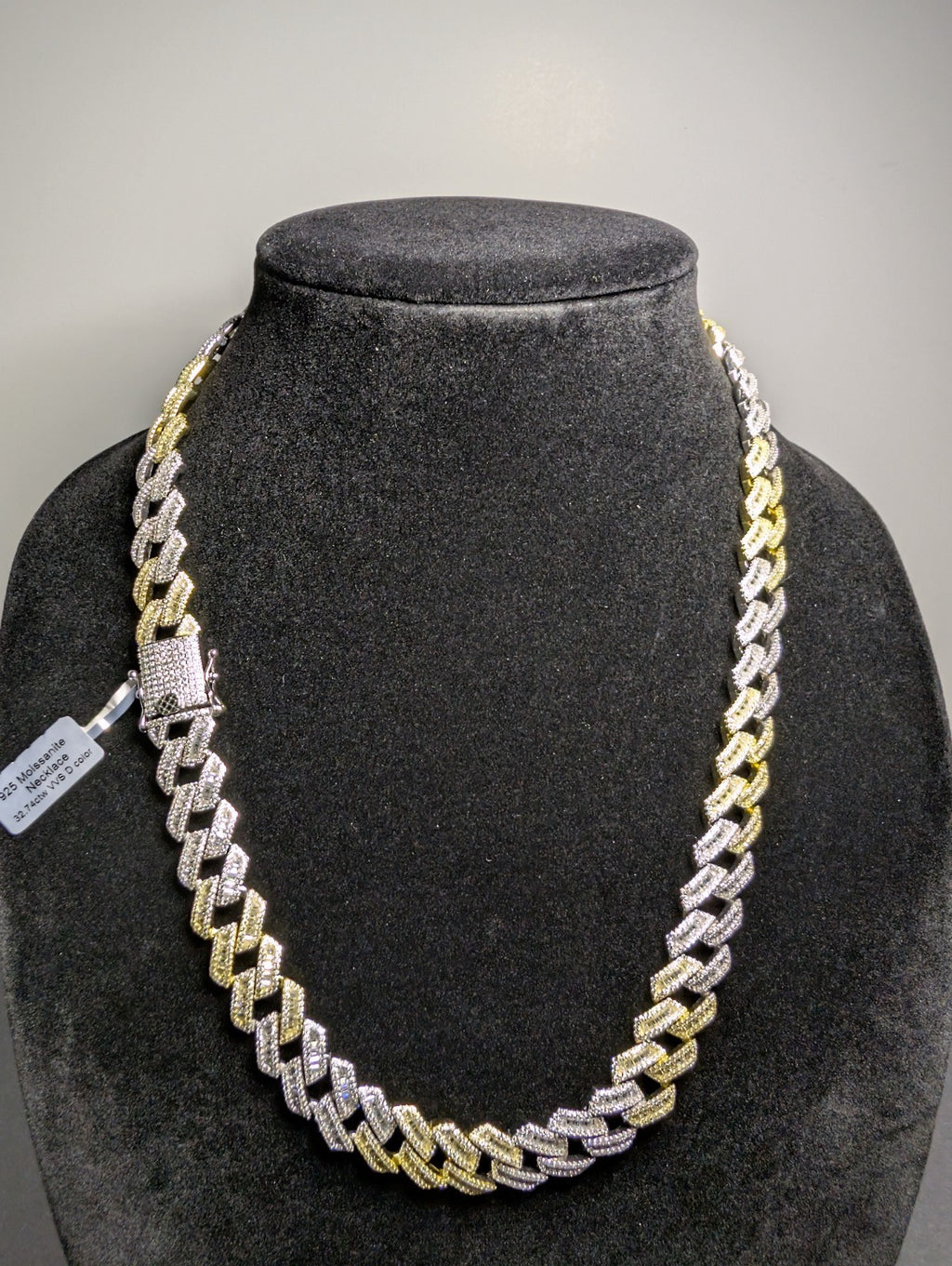 Two Tone Gold over 925 Silver 22" 14mm VVS D Moissanite Monaco Cuban Necklace